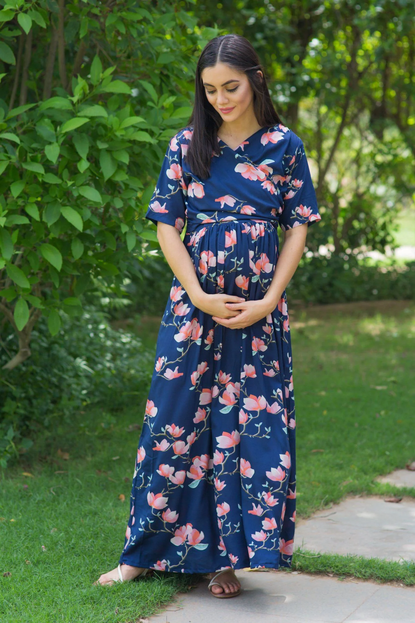 Serene Navy Blossom Maternity & Nursing Wrap Dress - Chenance