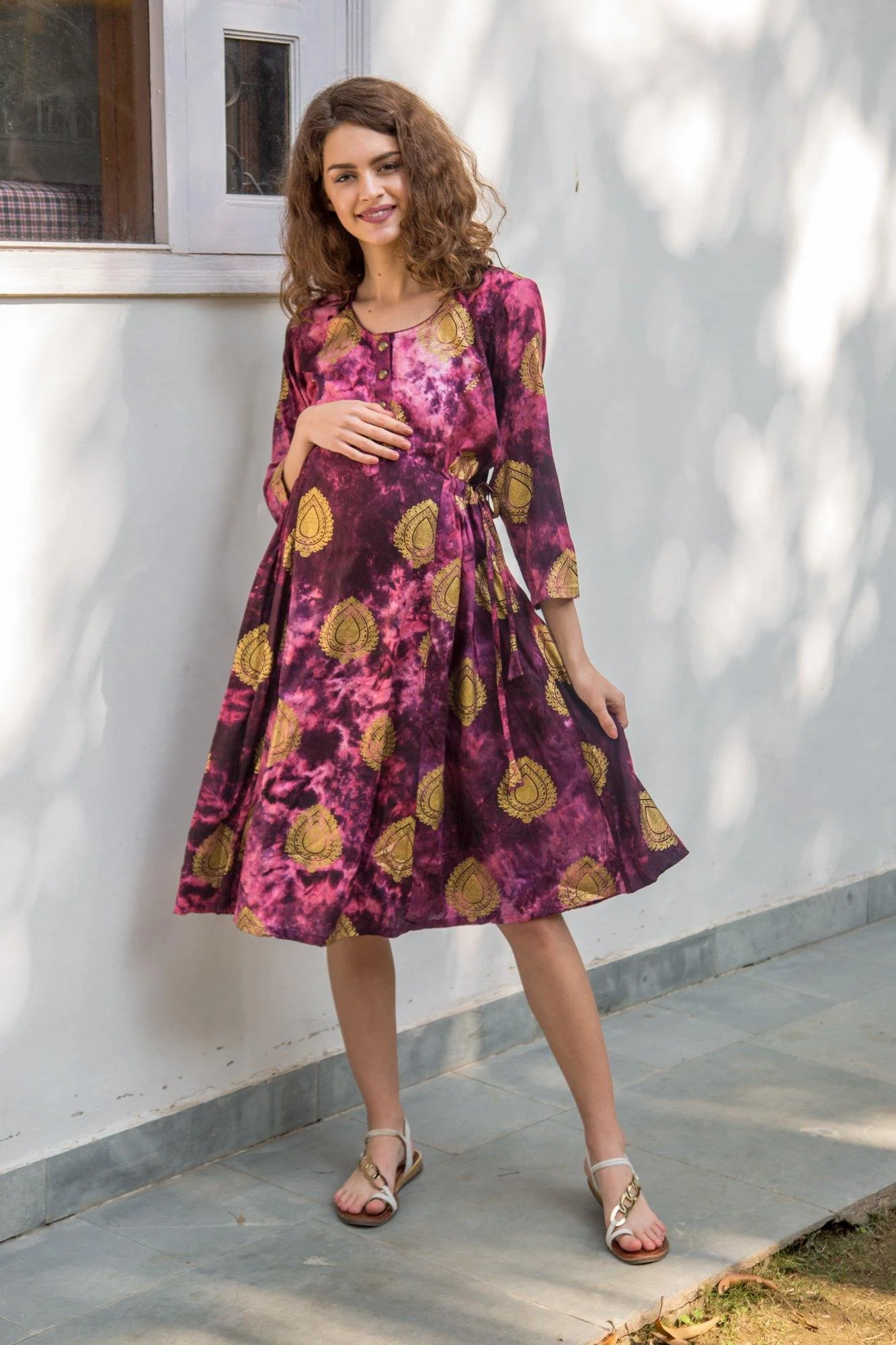 Lavender Gold Embellished Double Tie Maternity & Nursing Kurta Dress - Chenance