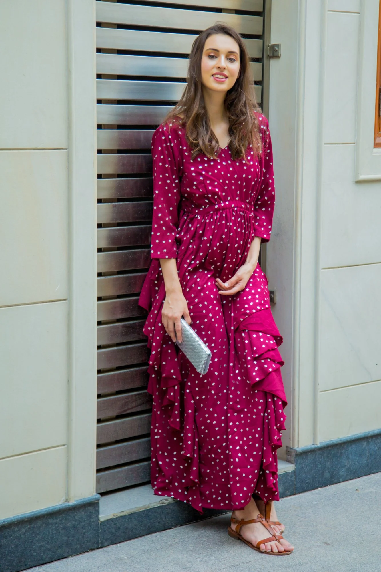 Burgundy Silver Embellished Maternity Flow Dress - Chenance