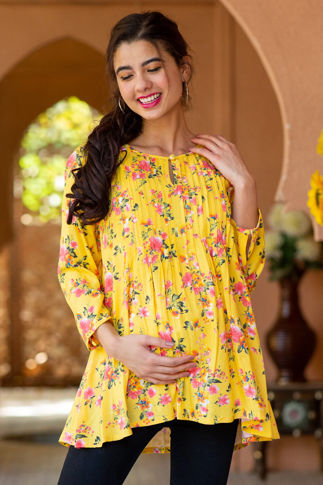 Happy Sunshine Floral Pintucks Maternity & Nursing Top - Chenance