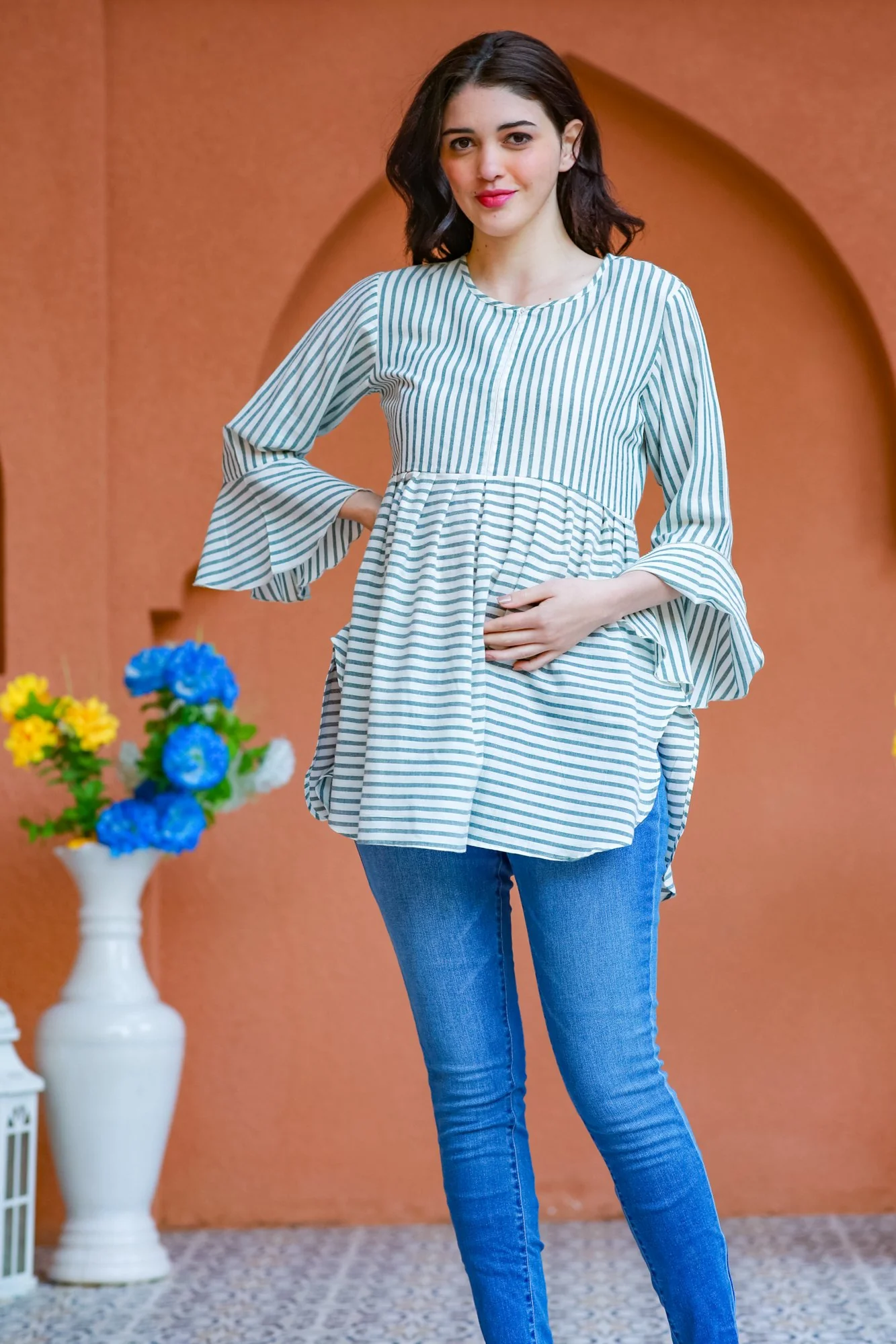 Royal Striped Gathered Nursing Top - Chenance