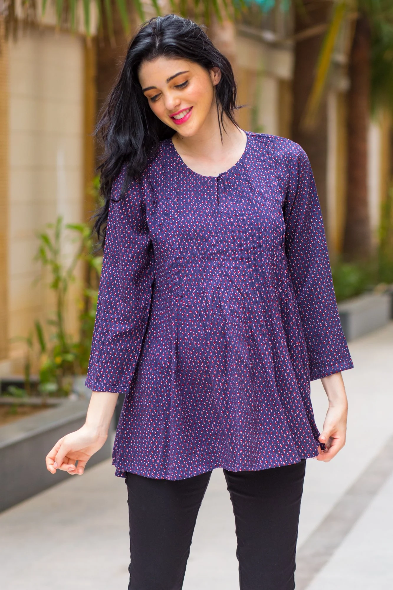 Blue Printed Pintucks Maternity & Nursing Concealed Zip Top - Chenance