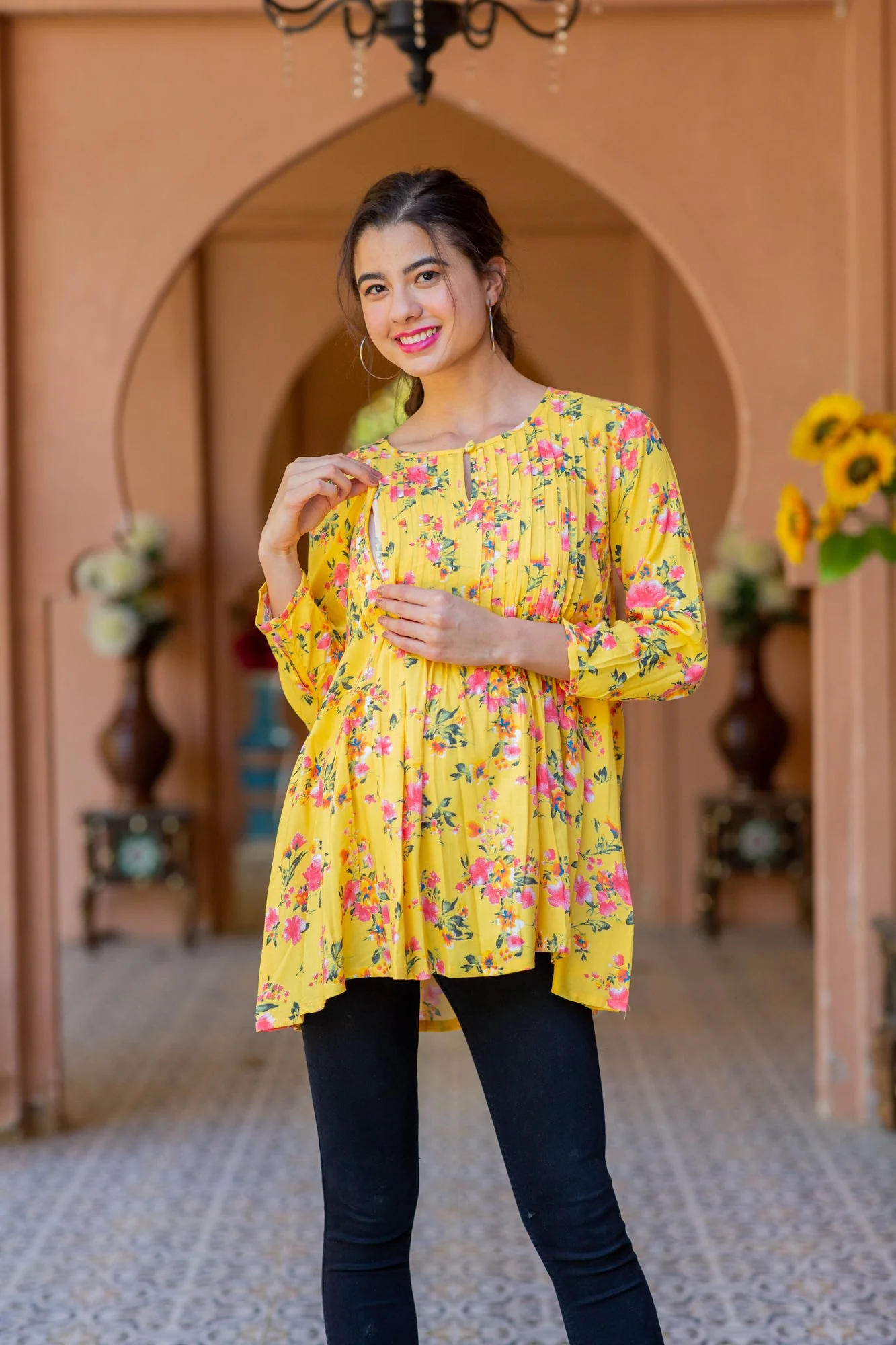 Happy Sunshine Floral Pintucks Maternity & Nursing Top - Chenance