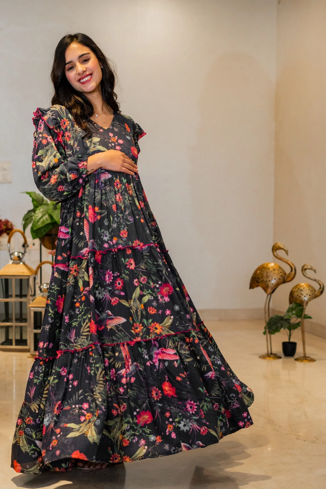 Serene Midnight Blooming Maternity & Nursing Layered Dress - Chenance