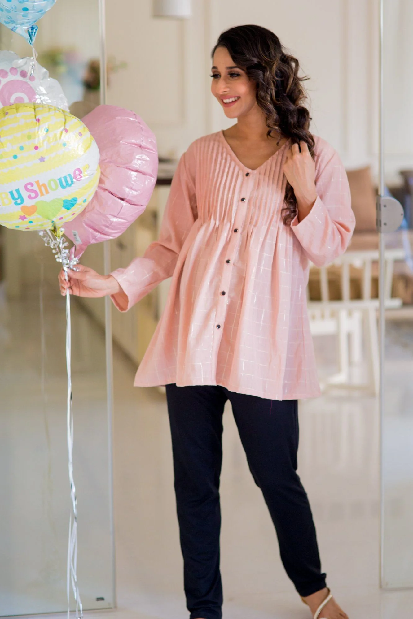 Gold Embellished Peach Pintucks Maternity Top - Chenance