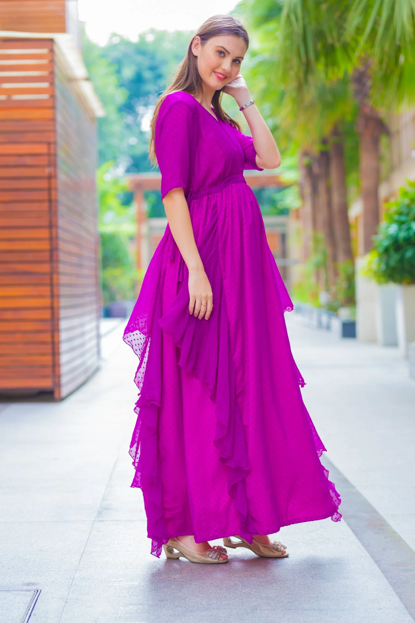 Plum Maternity Flowing Dress With Sleeves - Chenance