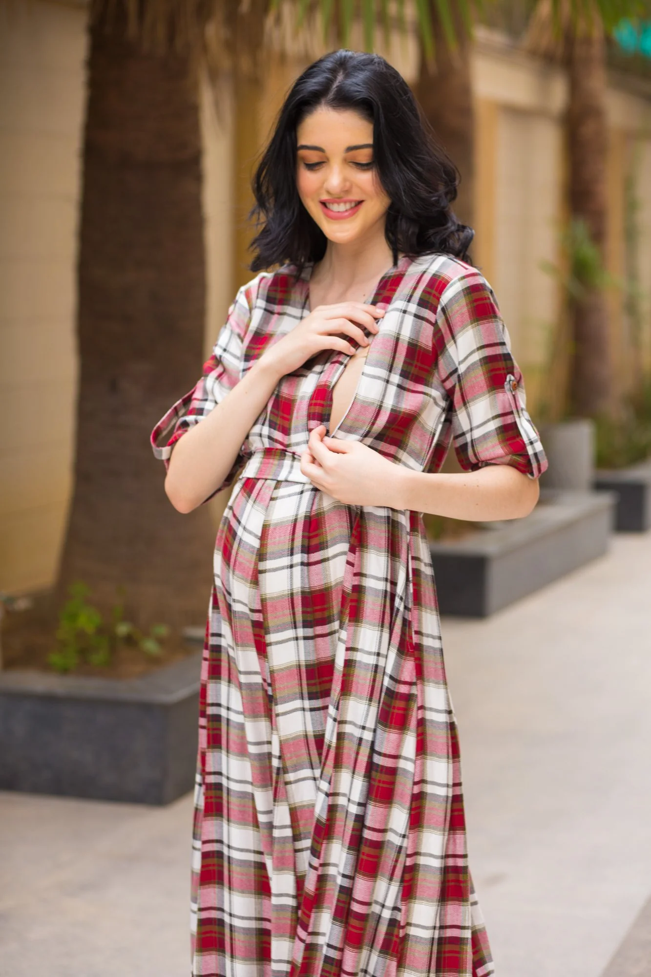 Classic Cherry Red Plaid Maternity & Nursing Maxi - Chenance