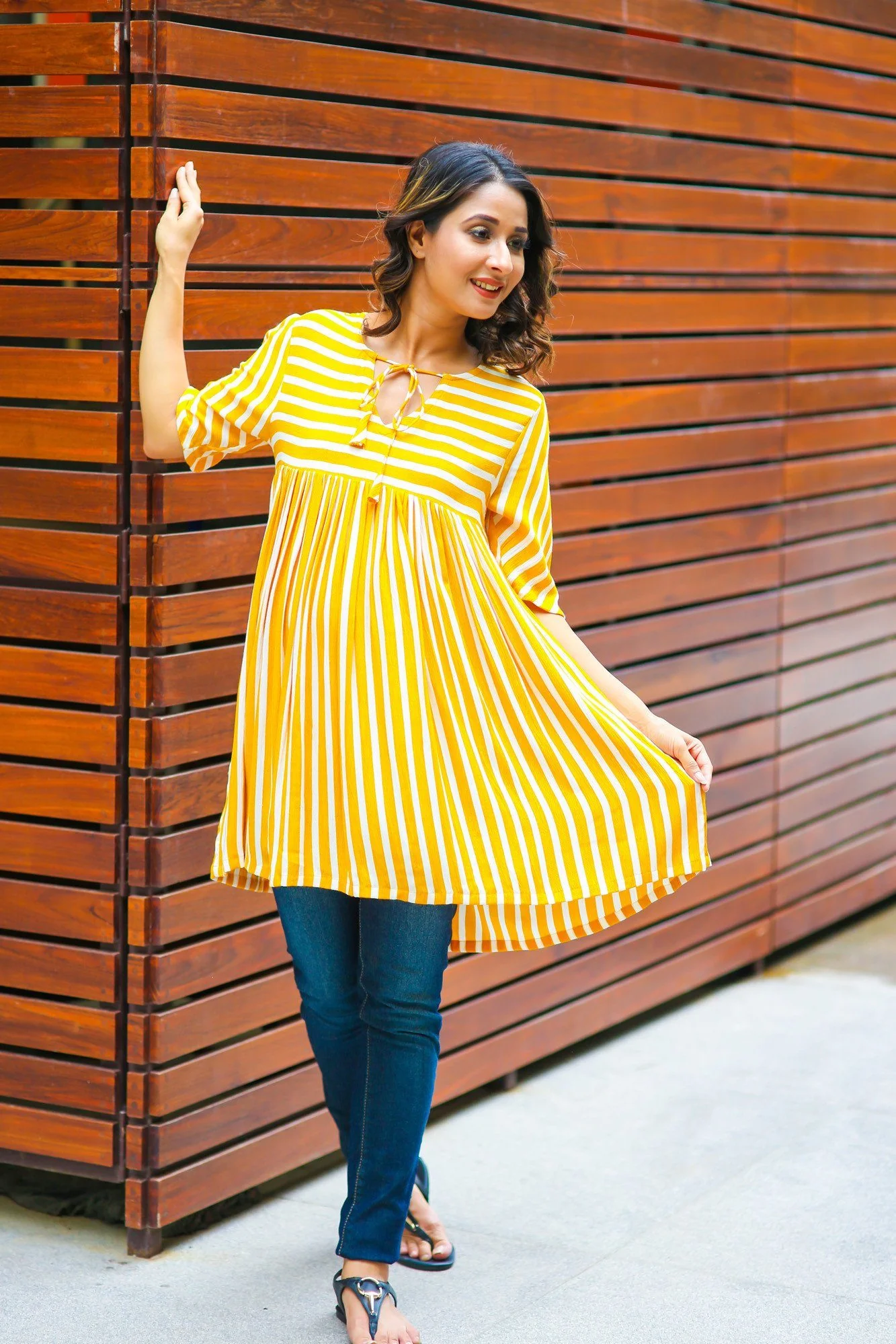 Mustard Striped Gathered Maternity Top - Chenance