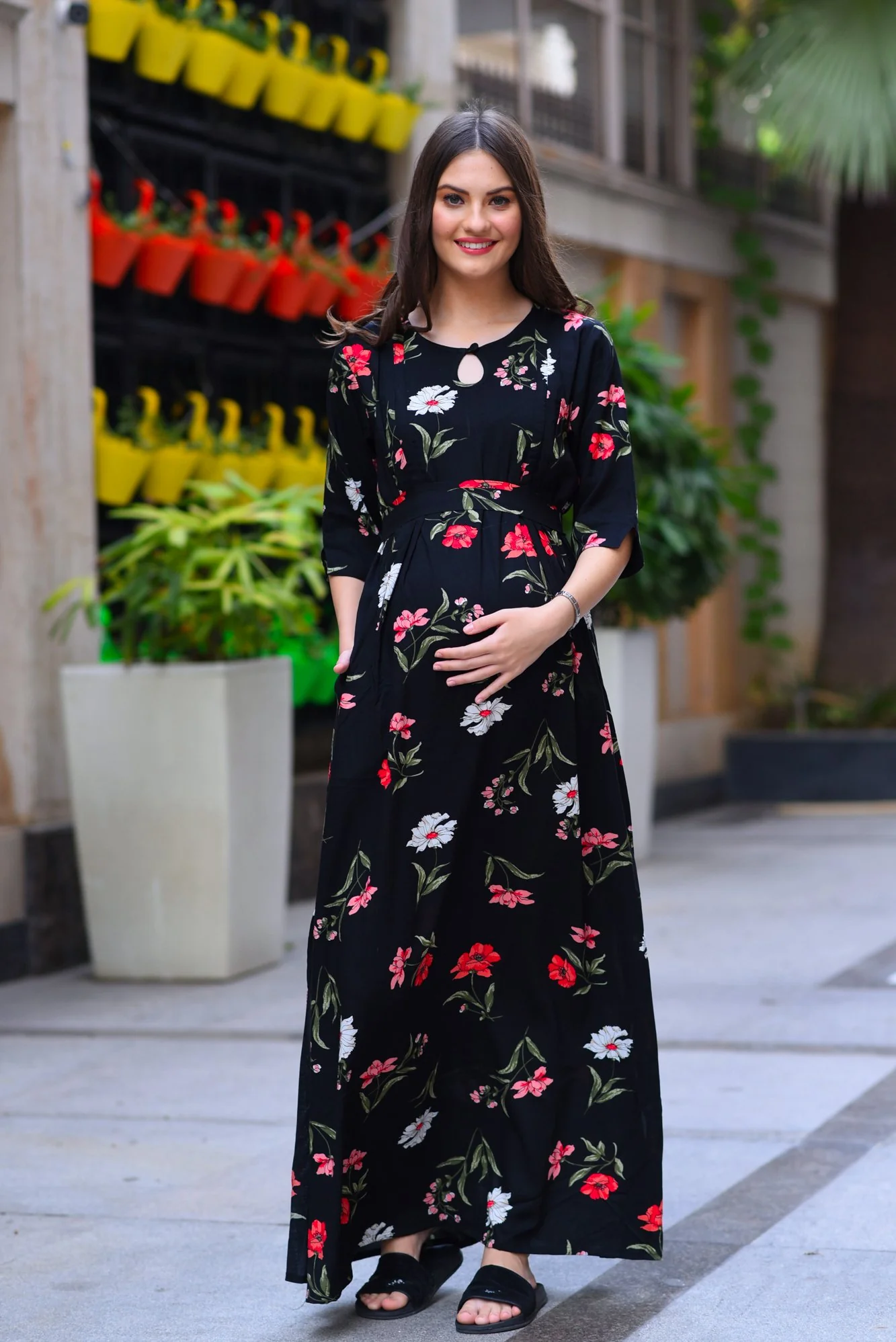 Midnight Side Slit Maternity & Feeding Dress - Chenance