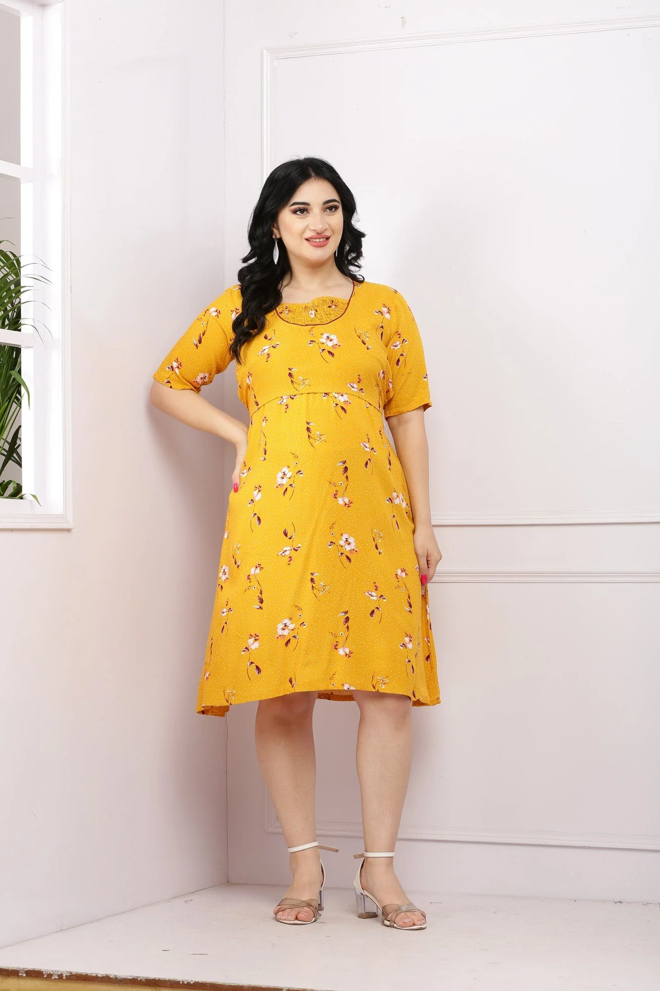 Classic Floral Mustard Flap Nursing Dress - Chenance