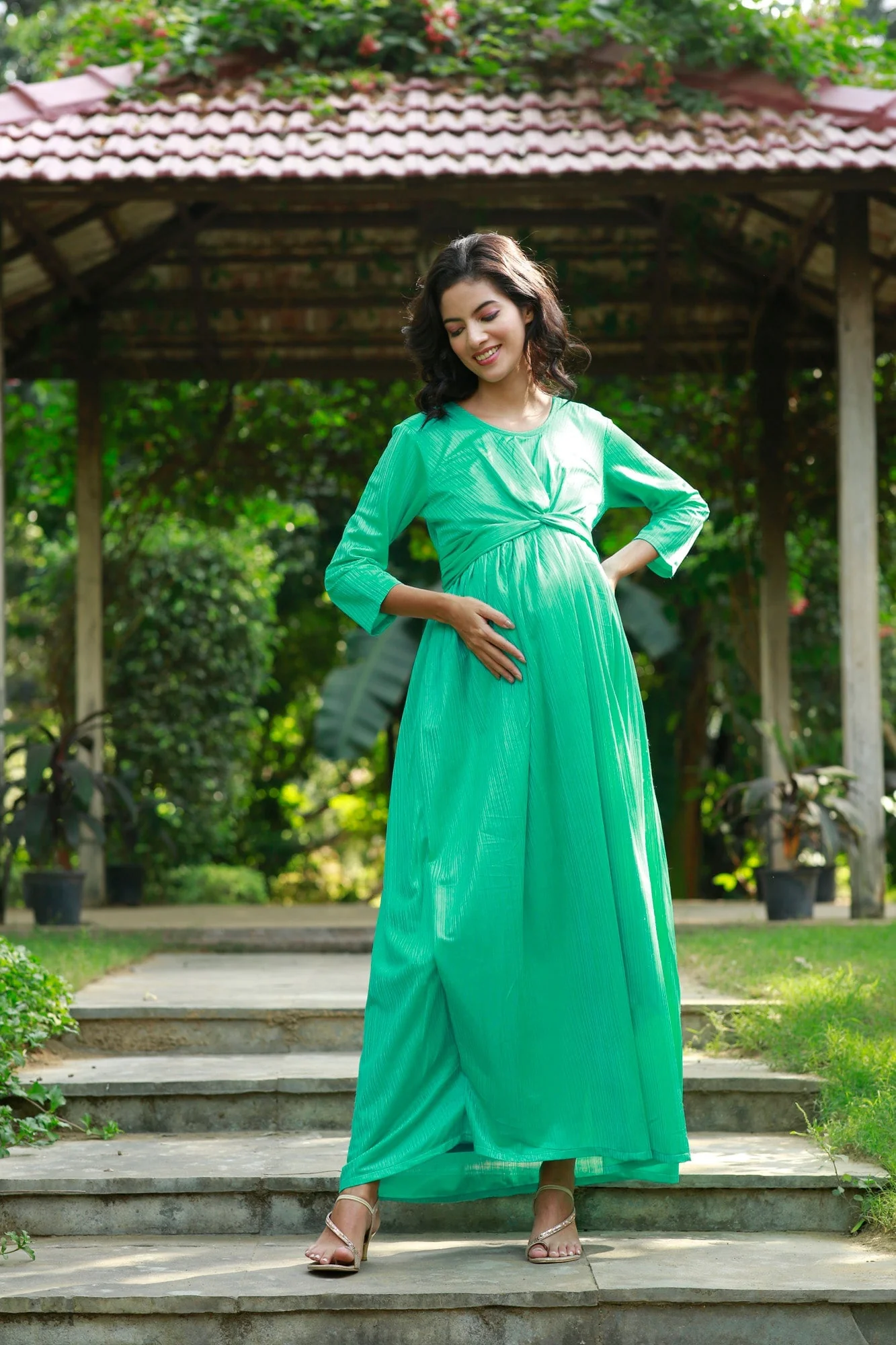 Classy Jade Green Pleated Maternity Knot Dress - Chenance