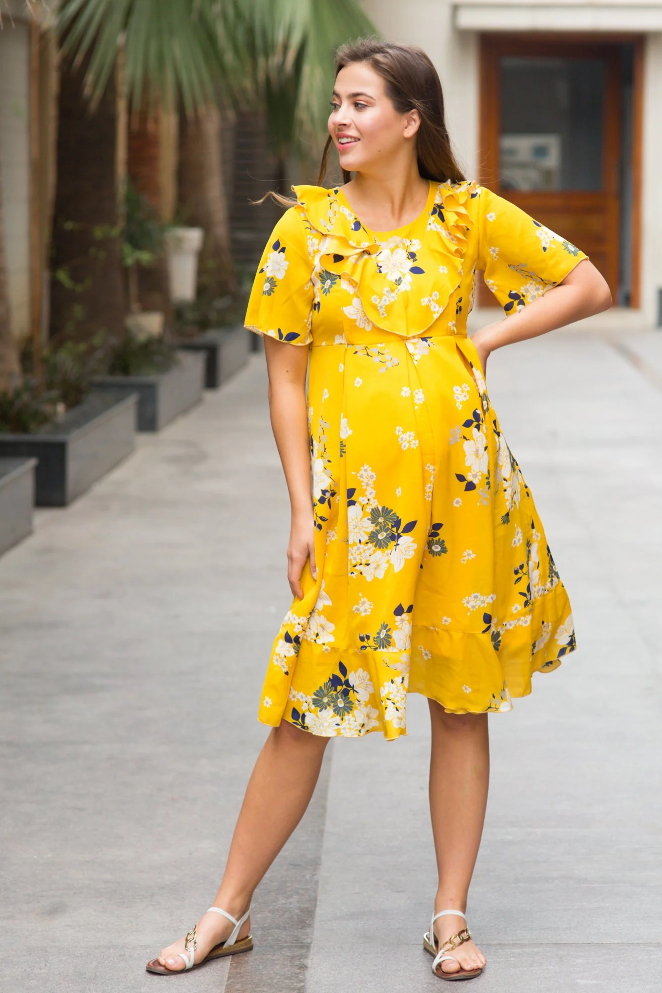 Sunrise Yellow Frill Maternity & Nursing Dress - Chenance