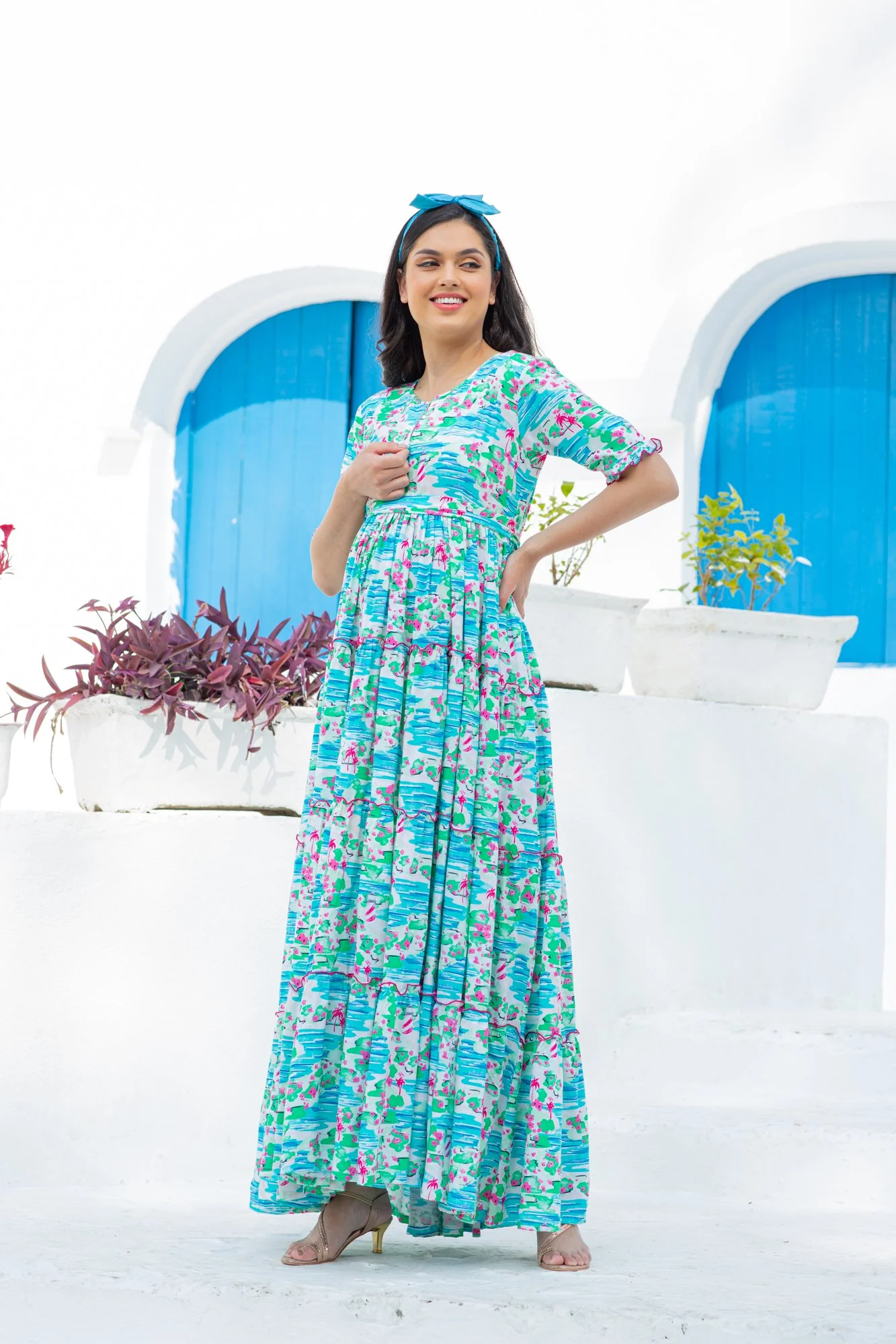 Arctic Blue Hawaii Frill Maternity & Nursing Dress - Chenance