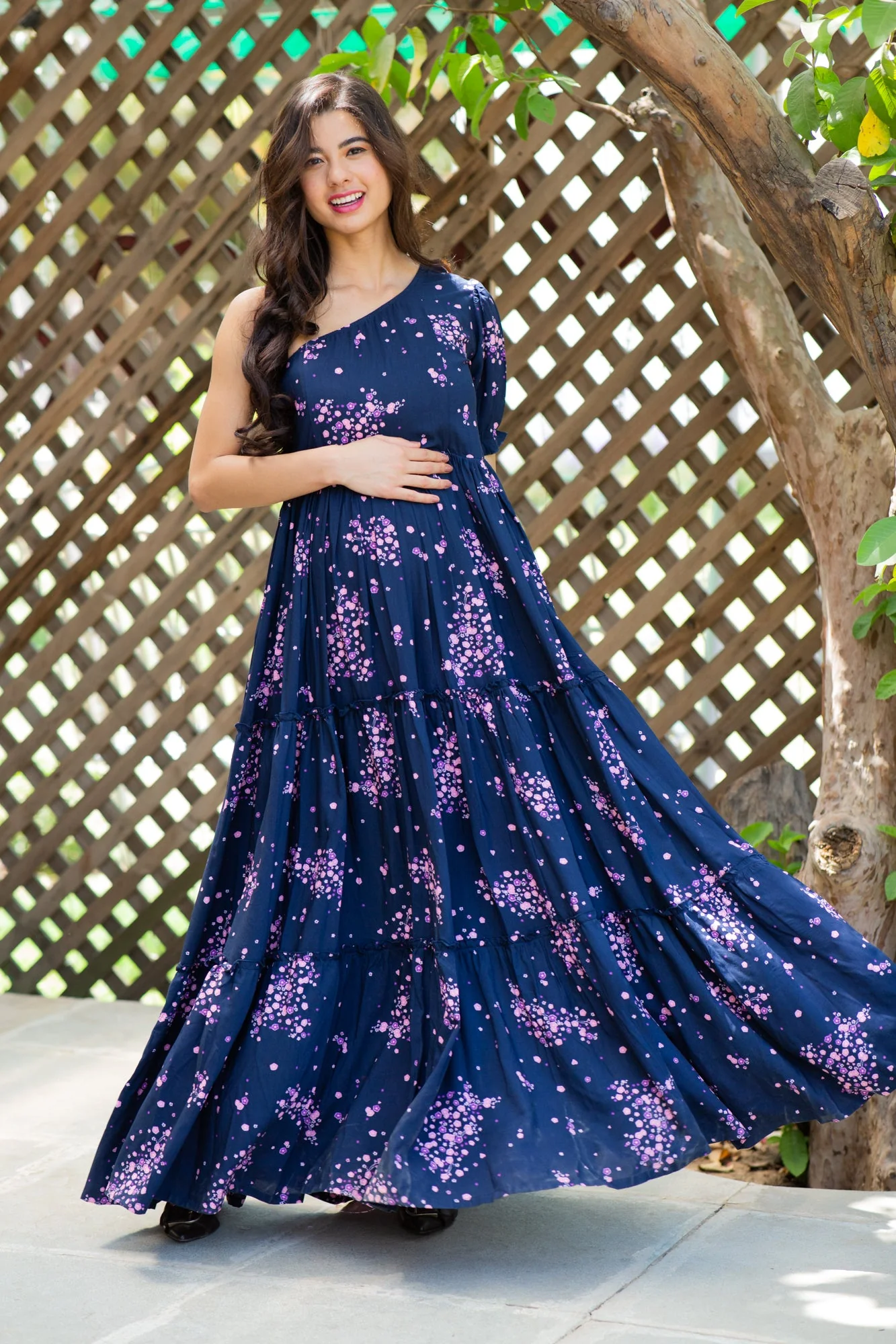 Twilight Floral Maternity & Nursing One-Shoulder Viscose Dress - Chenance