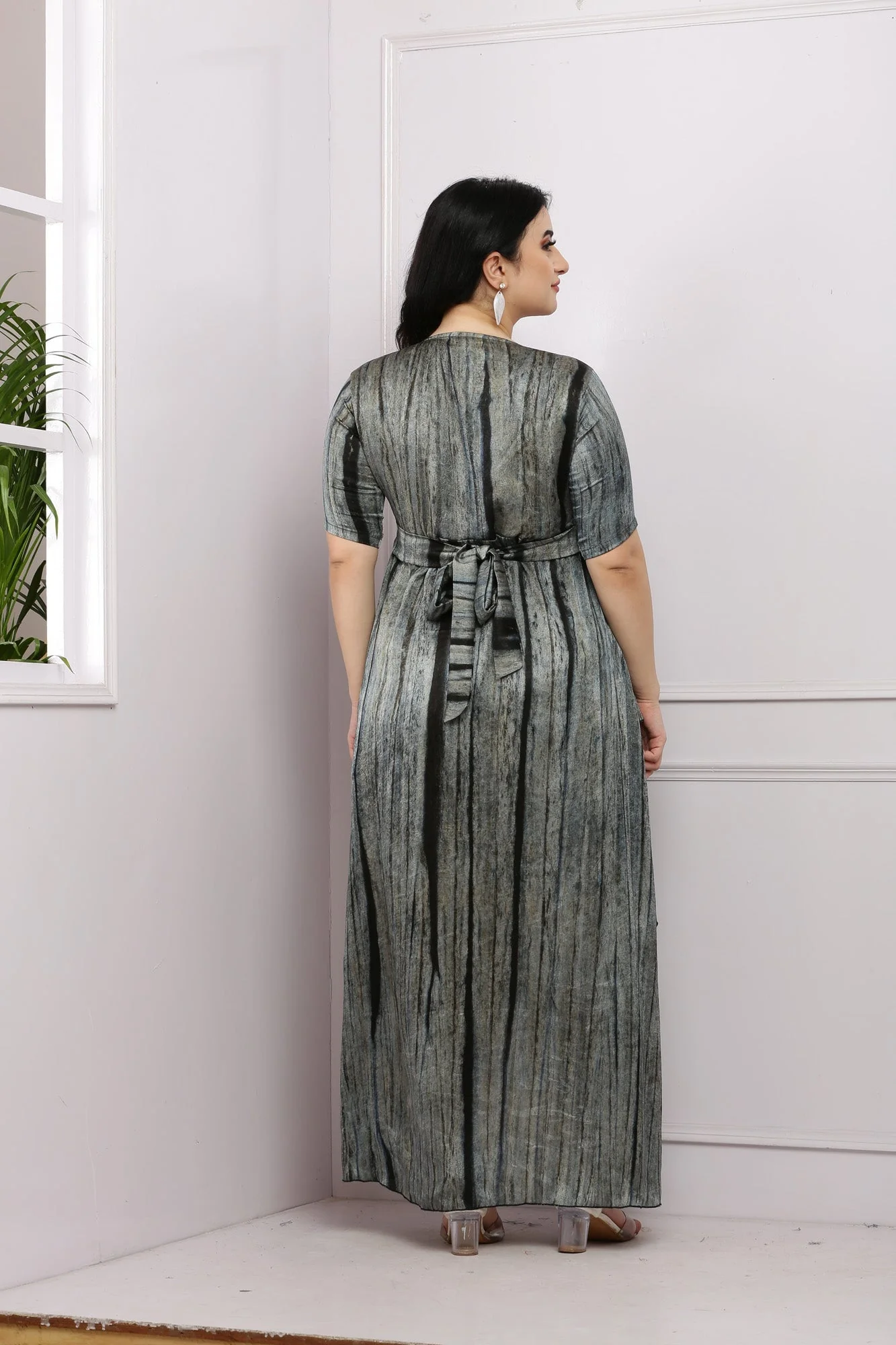 Vintage Smokey Grey Wrap Maternity& Nursing Layered Satin Dress - Chenance