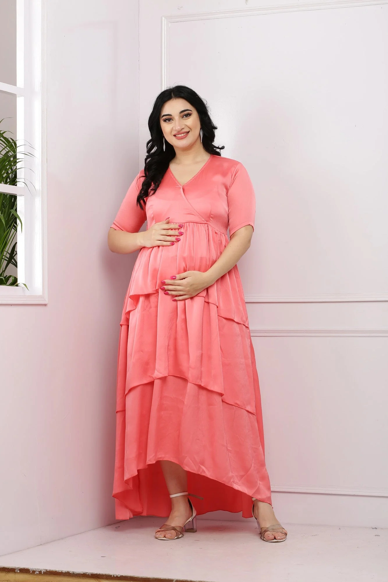 Victoria Peach Wrap Maternity & Nursing Satin Layered Dress - Chenance