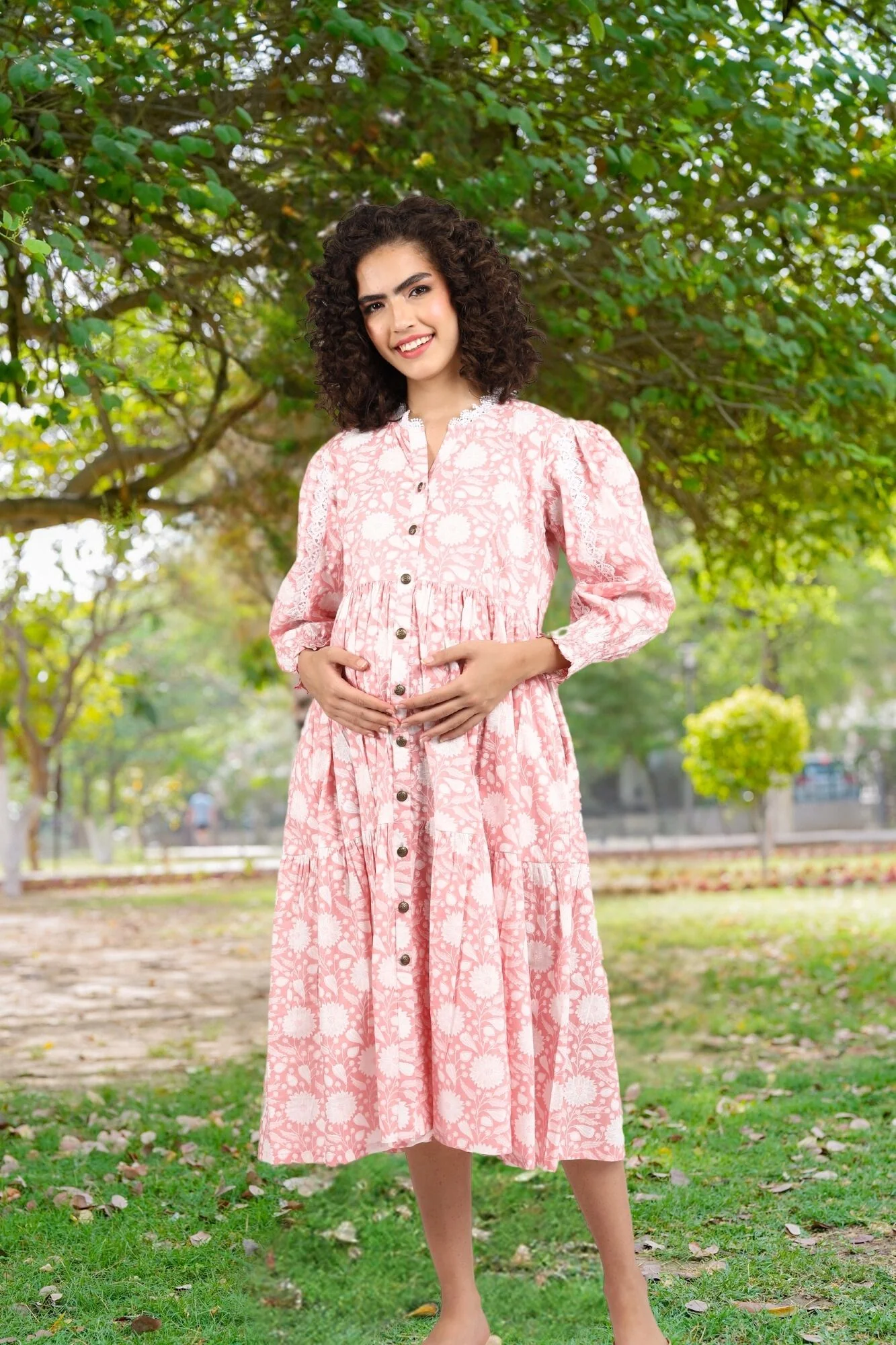 Dusty Flamingo Maternity & Nursing Gathered Dress (100% Cotton) - Chenance