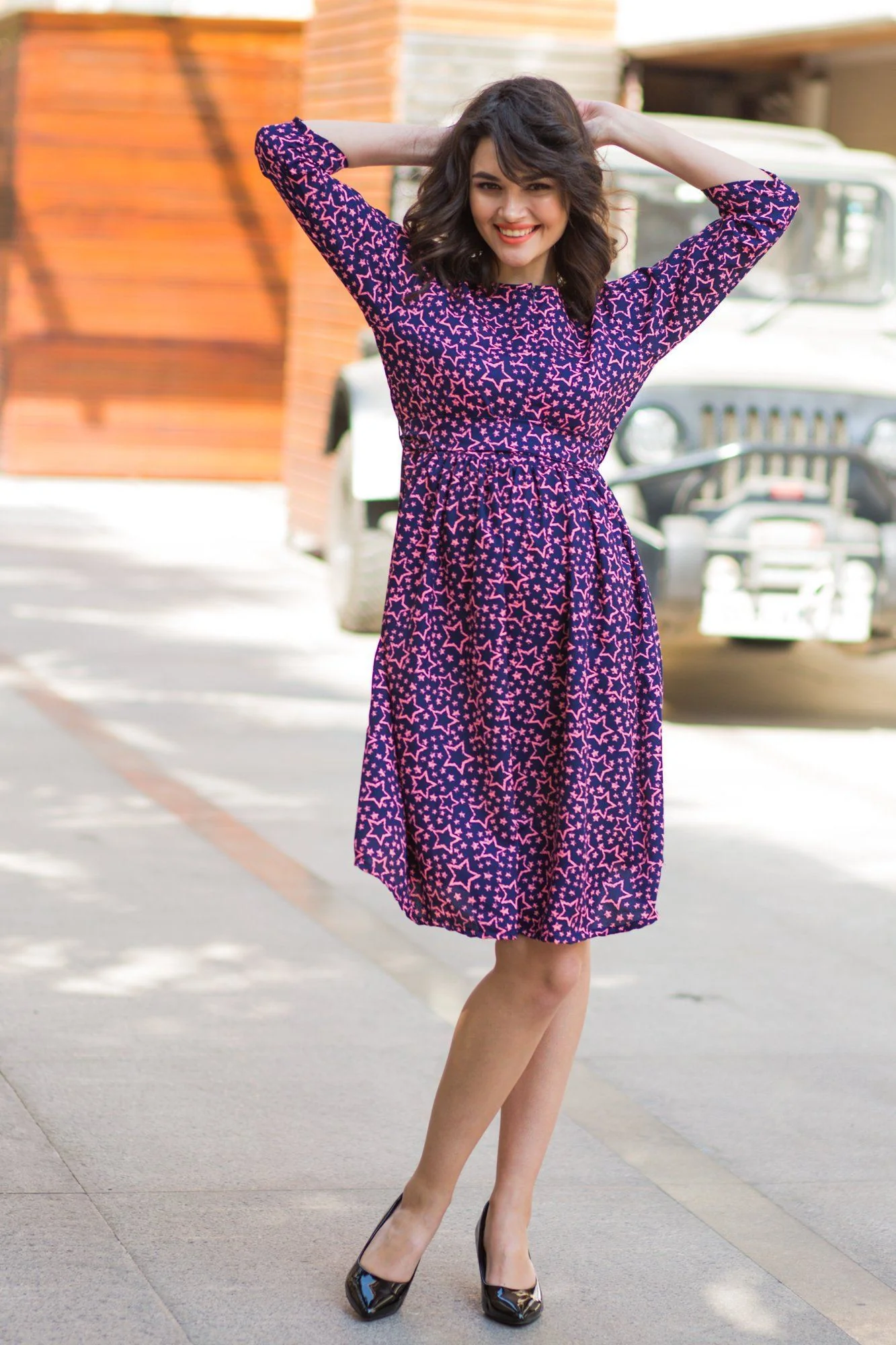 Starry Blue Pink Front Zip Maternity & Nursing Crepe Swing Dress - Chenance