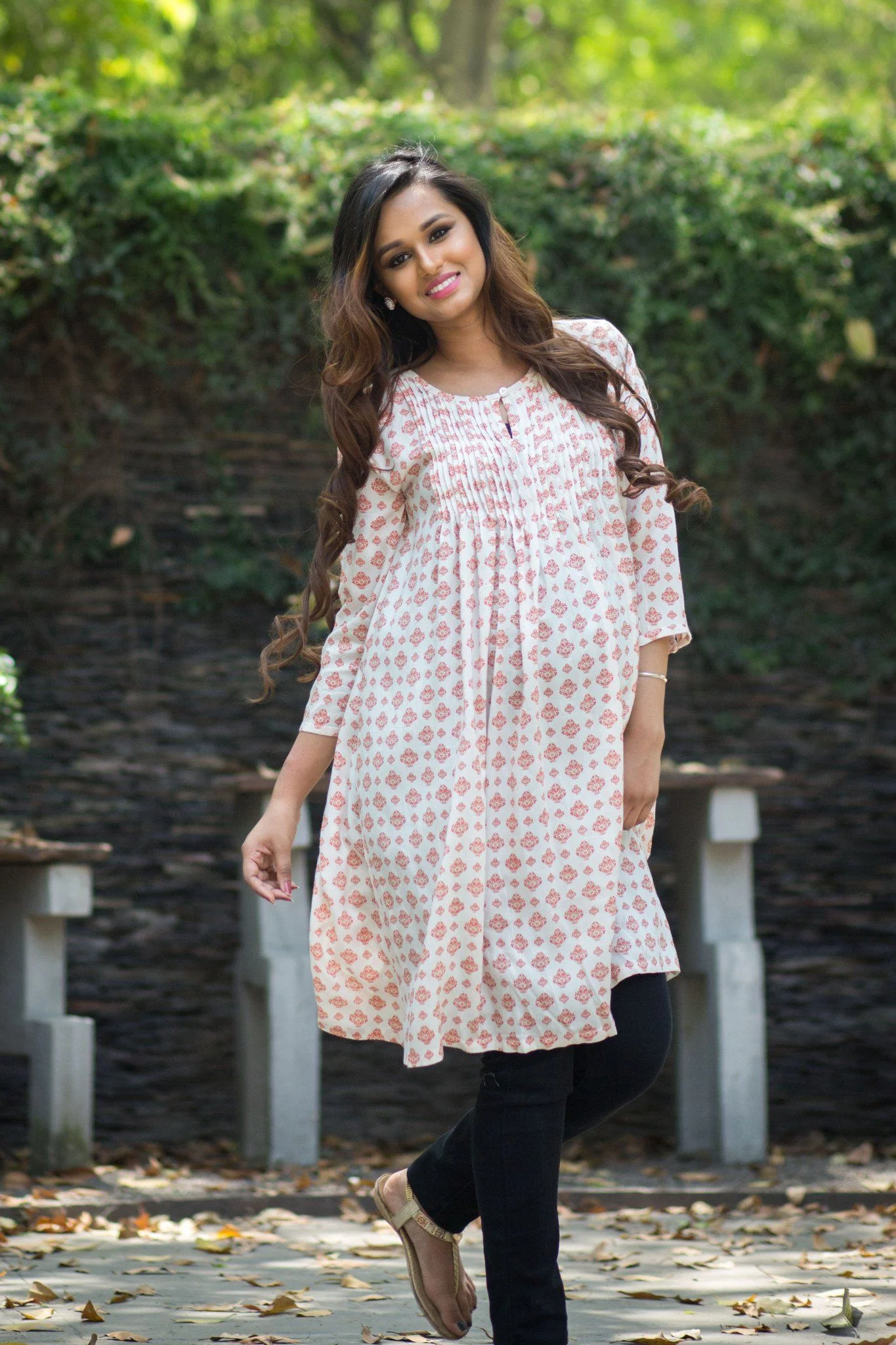 White and Orange Pleated Maternity Kurta - Chenance
