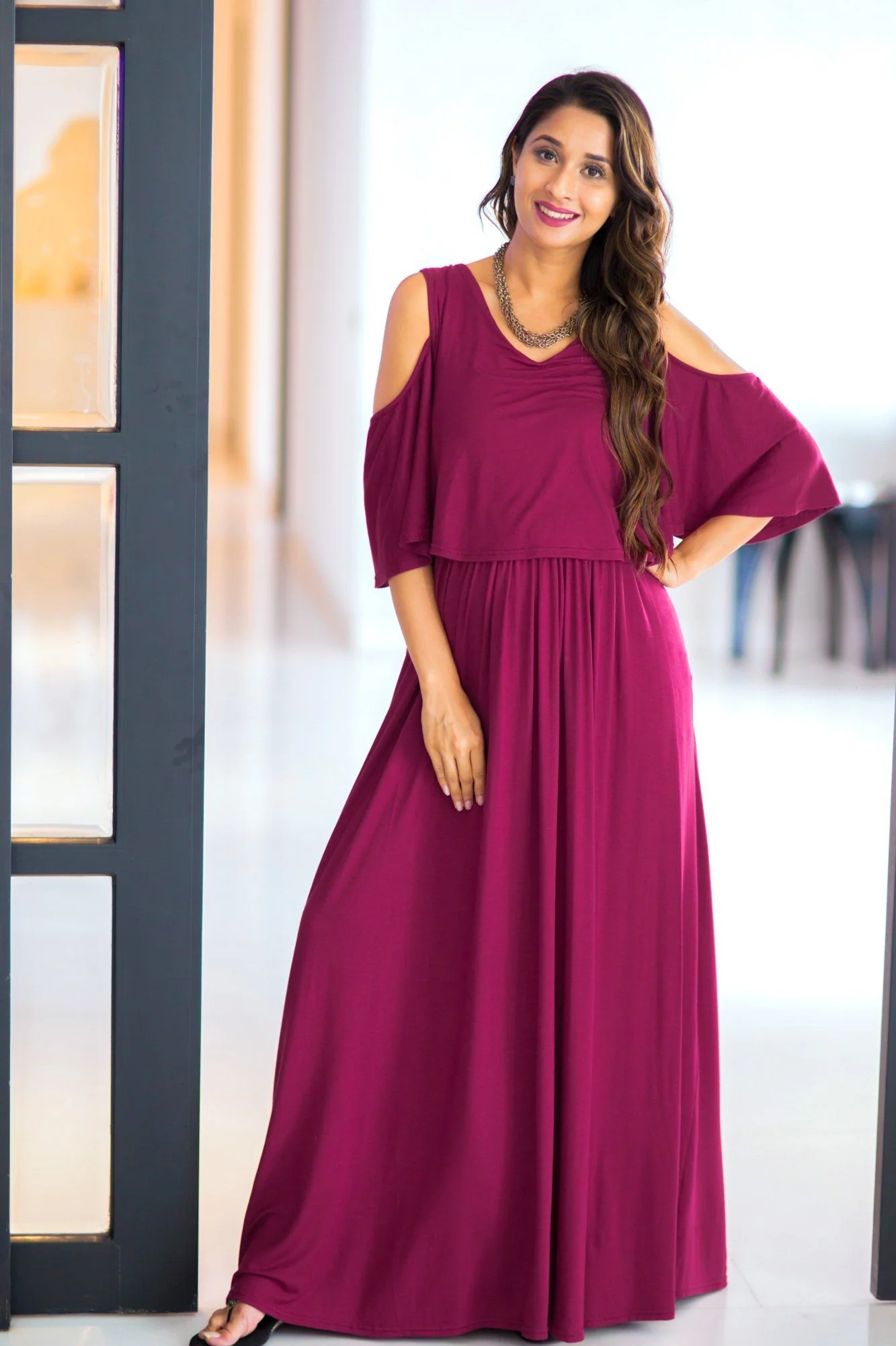 Sangria Cold Shoulder Maternity & Nursing Maxi Dress - Chenance