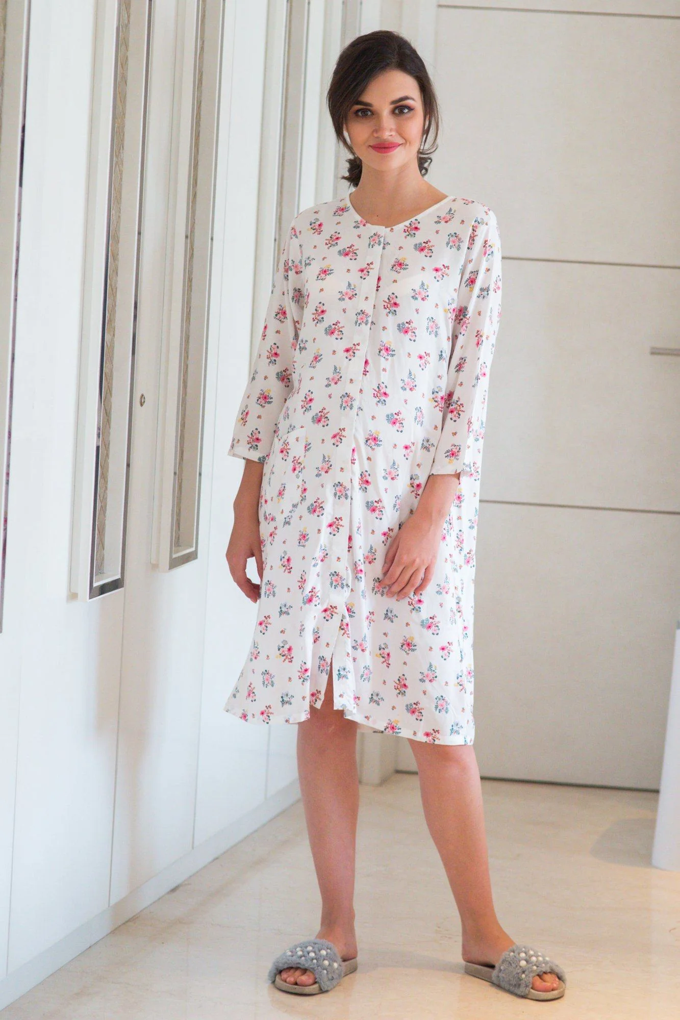 White Floral Maternity & Nursing Night Shirt Dress - Chenance
