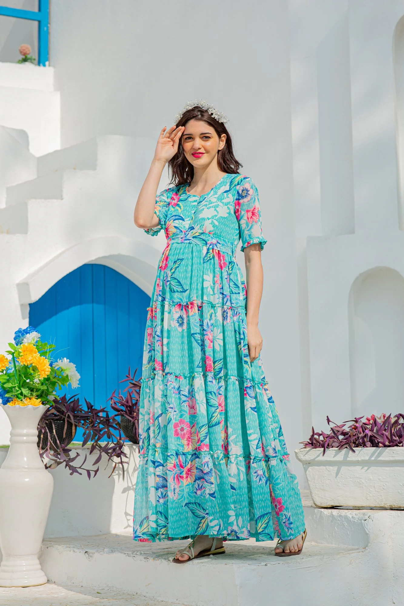 Aqua Pink Multilayer Frill Single Concealed Zip Maternity & Nursing Dress - Chenance