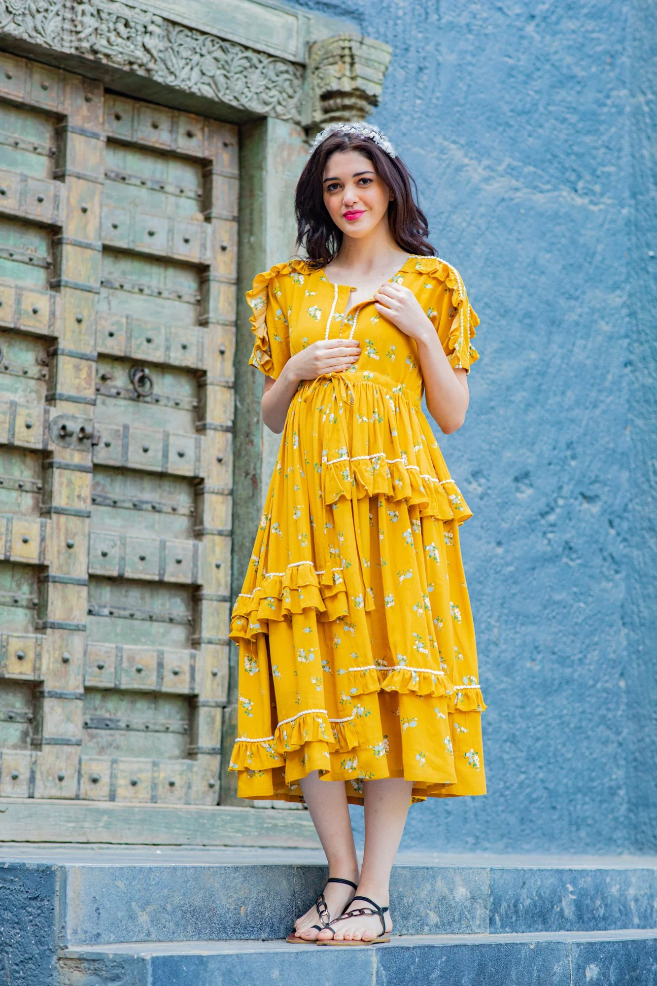 Honey Yellow Maternity & Nursing Frill Dress - Chenance