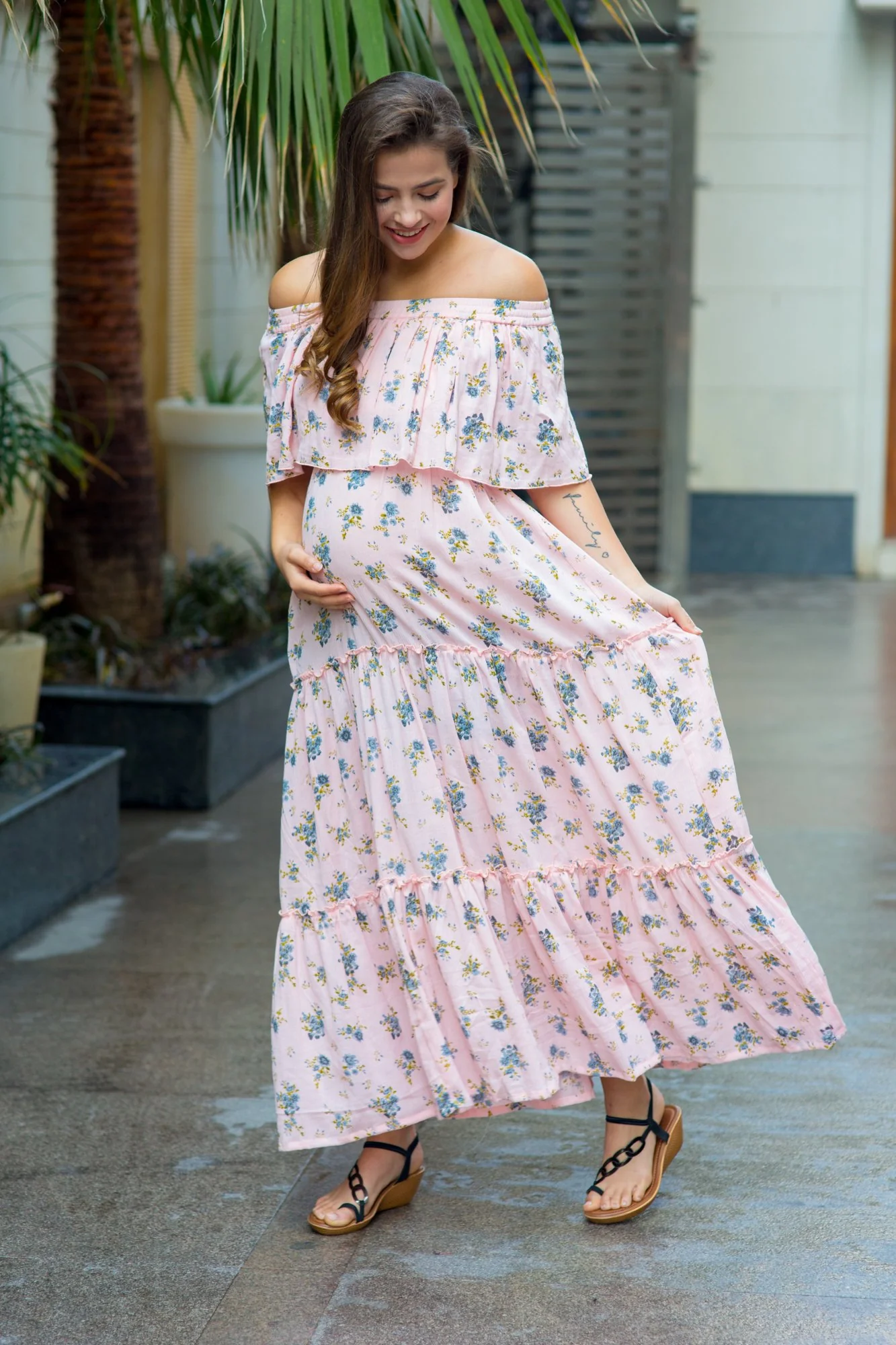 Pastel Rose Peach Off-Shoulder Maternity Maxi - Chenance