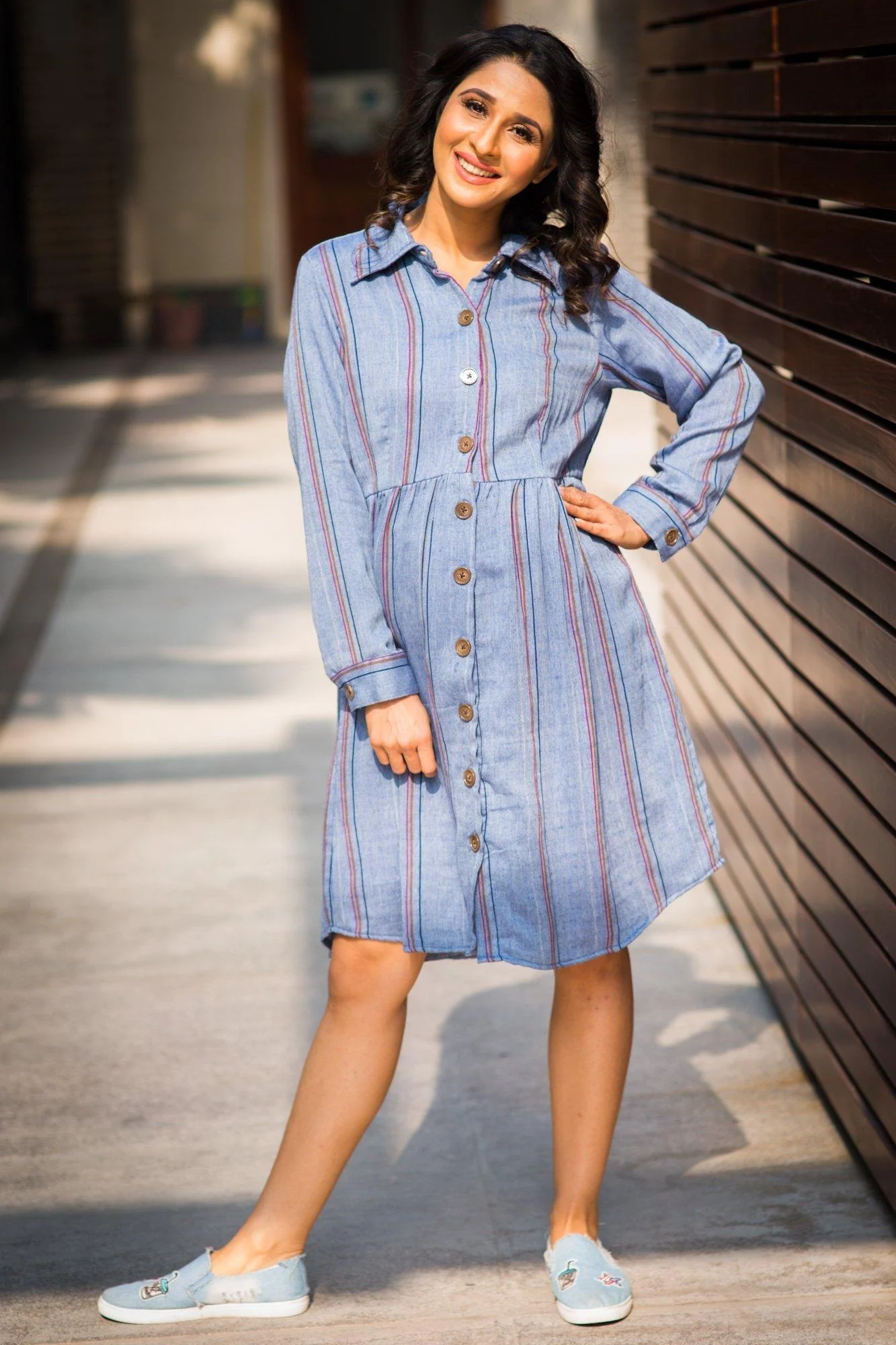 Gathered Denim Stripe Versatile Maternity & Nursing Shirt Dress - Chenance