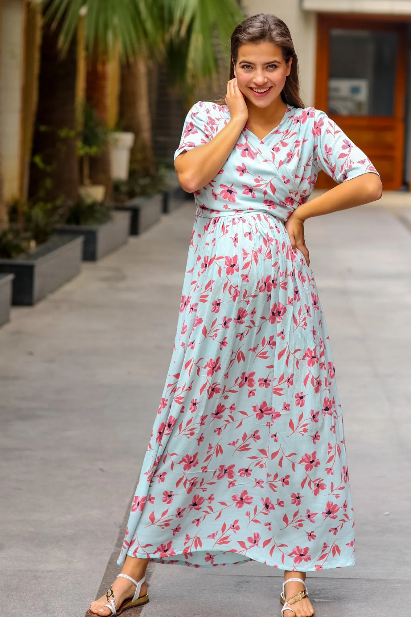 Carolina Blue Pink Floral Maternity & Nursing Wrap Dress - Chenance