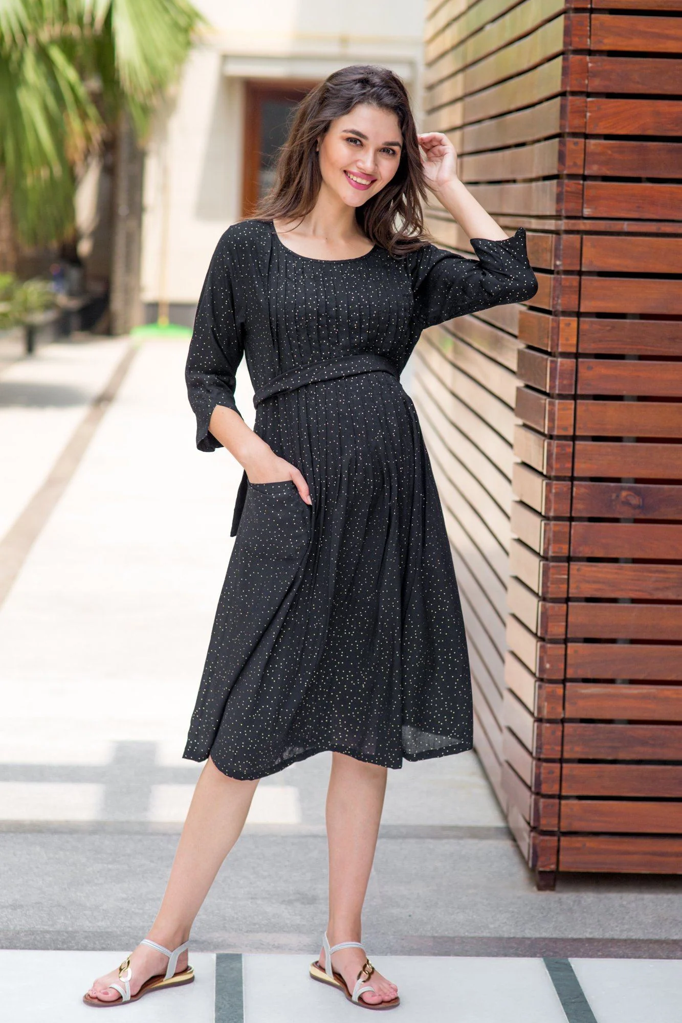 Gold Sprinkle Pleated Maternity & Nursing Kurta Dress - Chenance