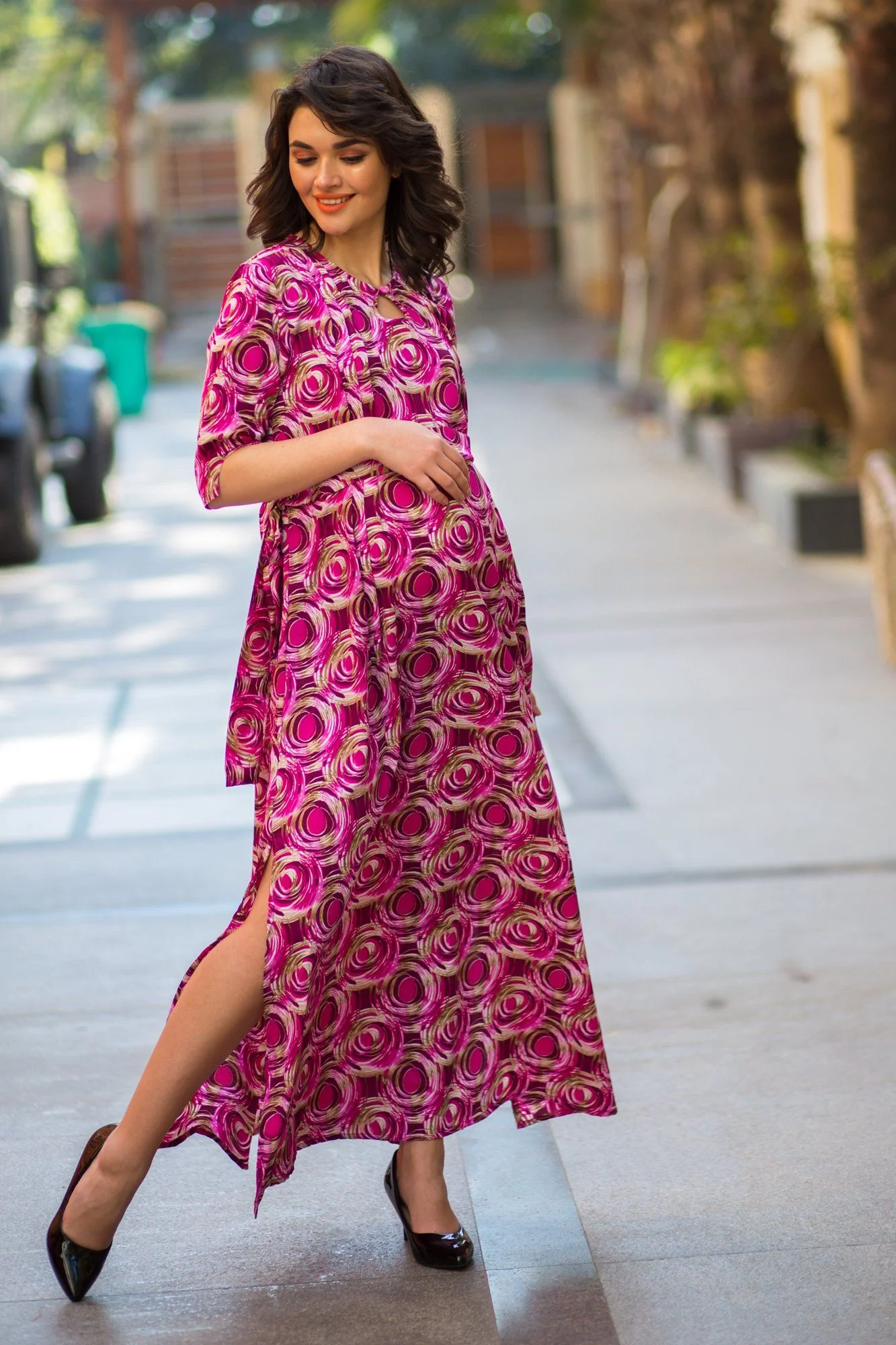 Pink Matte Side Slit Maternity & Feeding Dress - Chenance