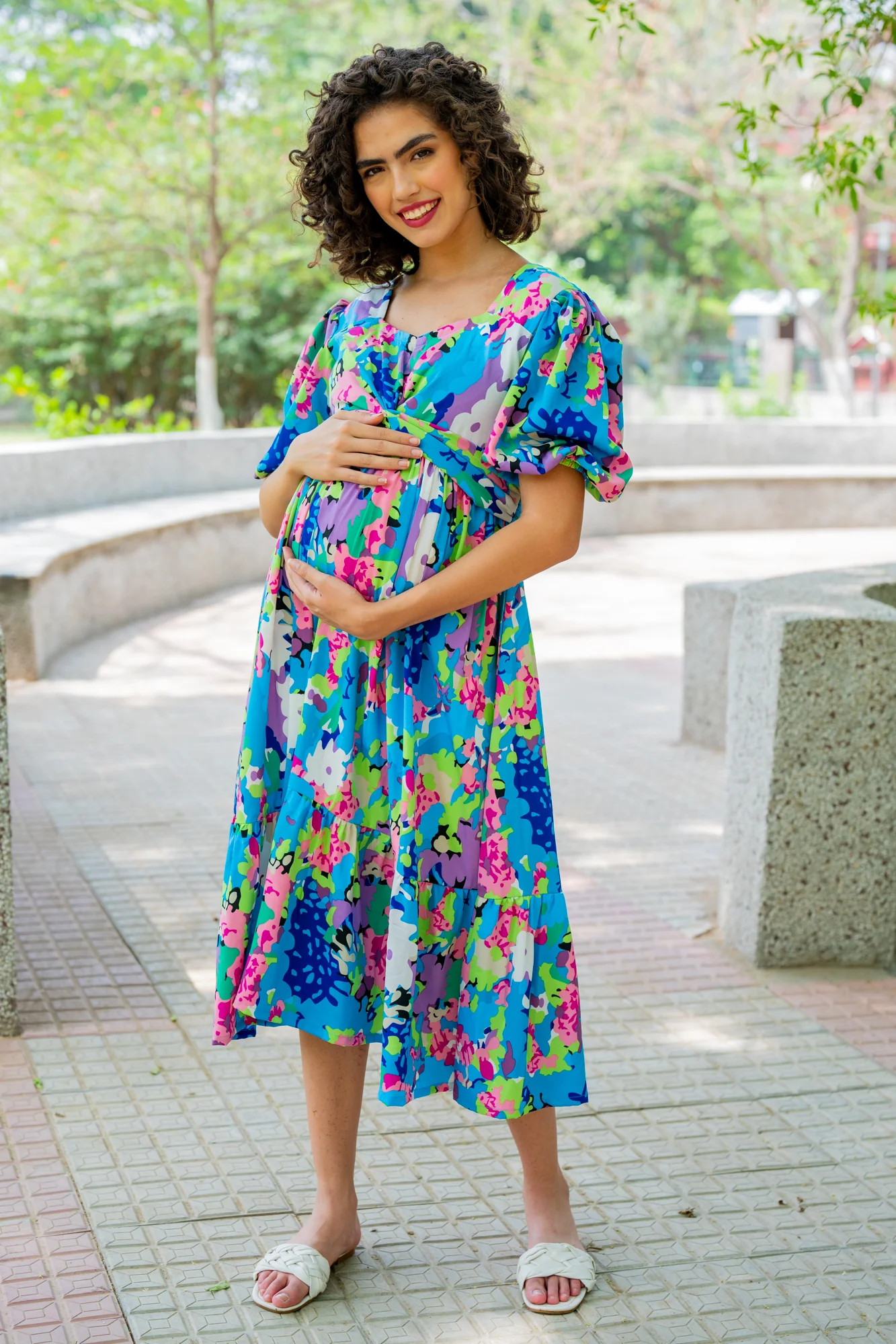 Charming Blue Blossom Maternity Knot Dress - Chenance