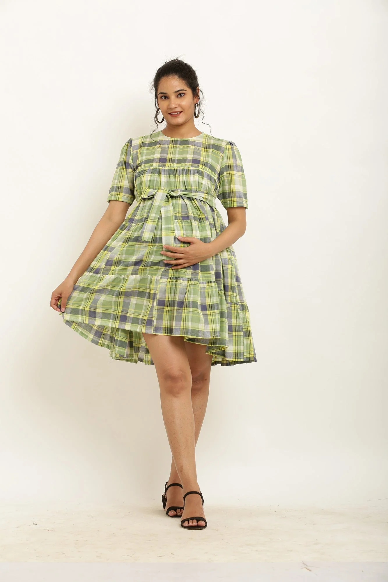 Charming Olive Plaid Maternity & Nursing Layered Knee Dress - Chenance