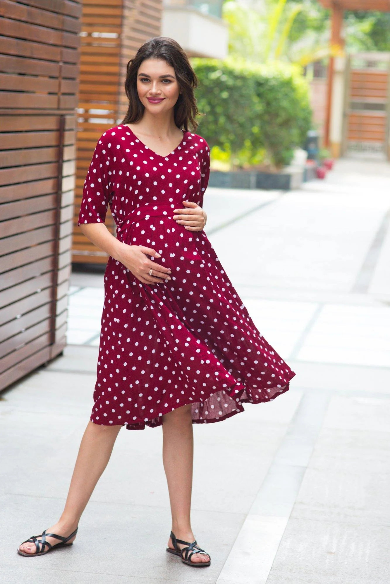 Burgundy Polka Maternity & Nursing Dress - Chenance