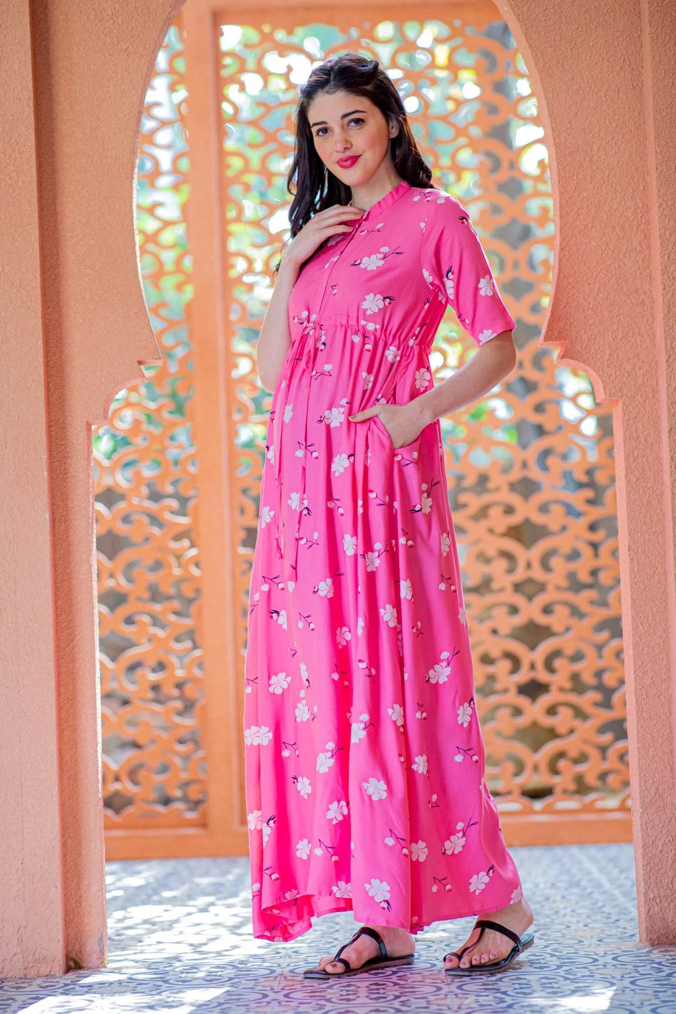 Rose Pink Maternity & Nursing Dress / Delivery Gown/ Night Dress - Chenance