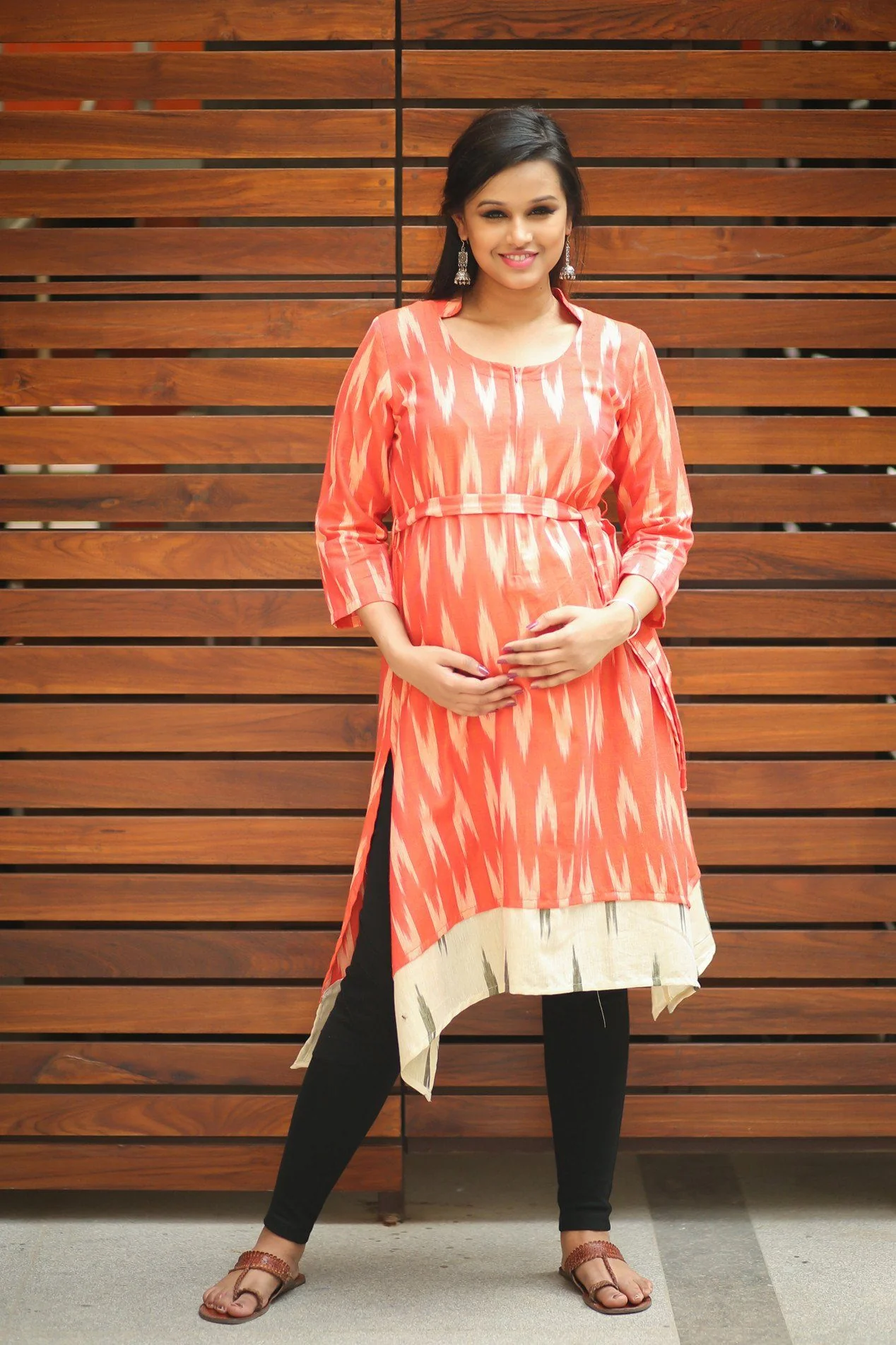 Orange Ikat Front Zip Maternity & Nursing Kurta - Chenance