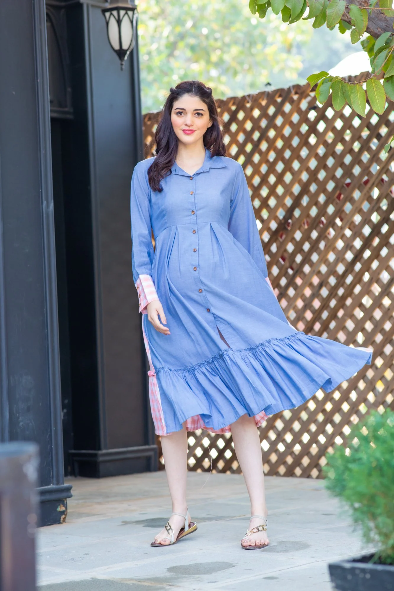 Blue Pink Cotton Maternity & Nursing Dress - Chenance