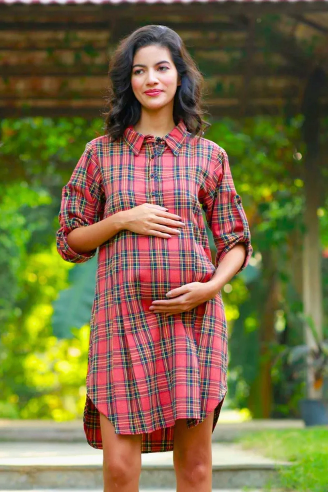 Flannel Blush Checks Maternity & Nursing Shirt Dress - Chenance