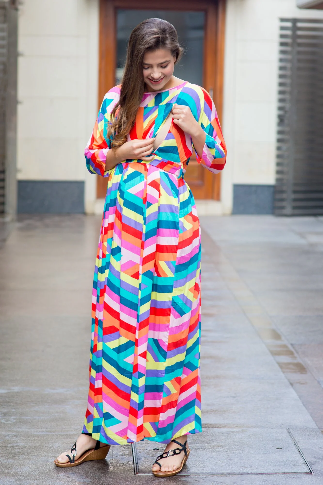 Abstract Rainbow Maternity & Nursing Maxi Dress - Chenance