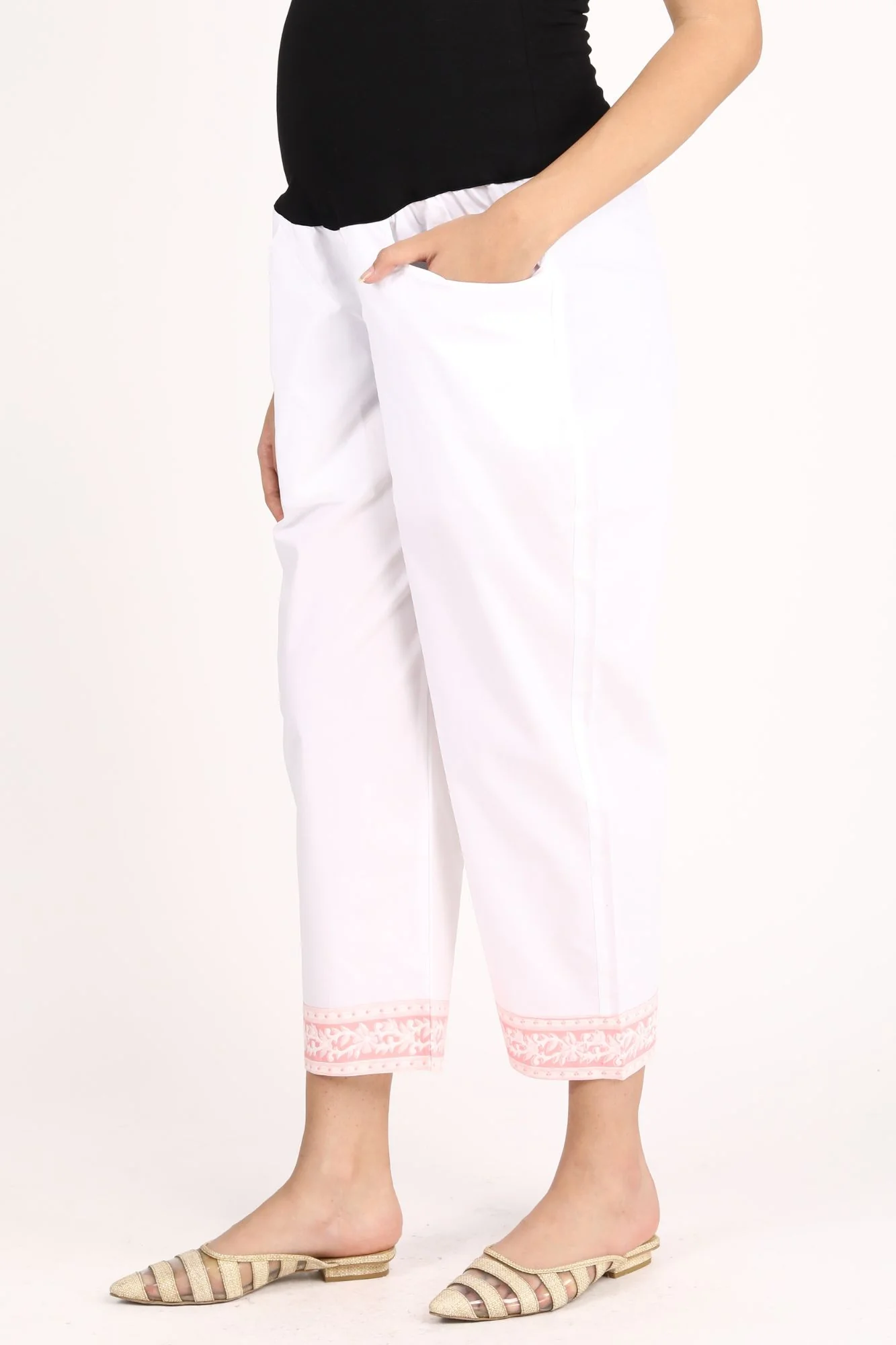 White Pink Cotton Over The Bump Pants (100% Cotton) - Chenance