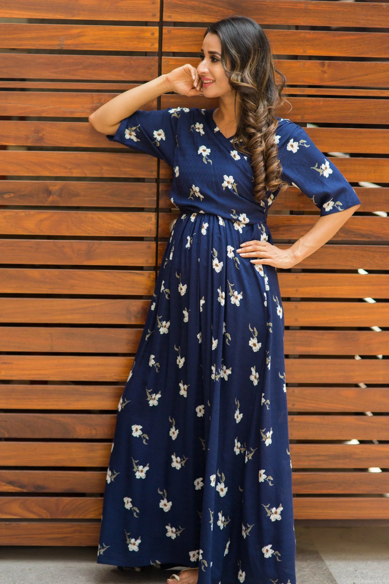 Luxe Navy Pearl Blossom Maternity& Nursing Wrap Dress - Chenance