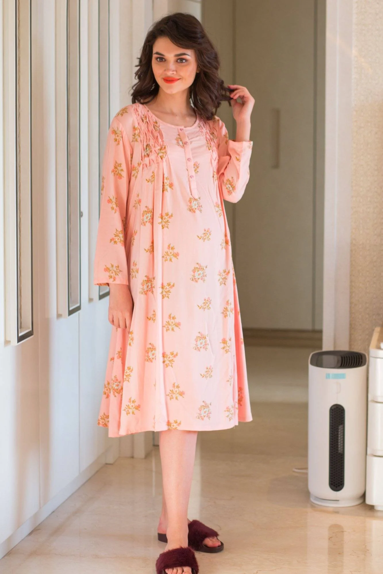 Botanical Peach Maternity & Nursing Night Dress - Chenance