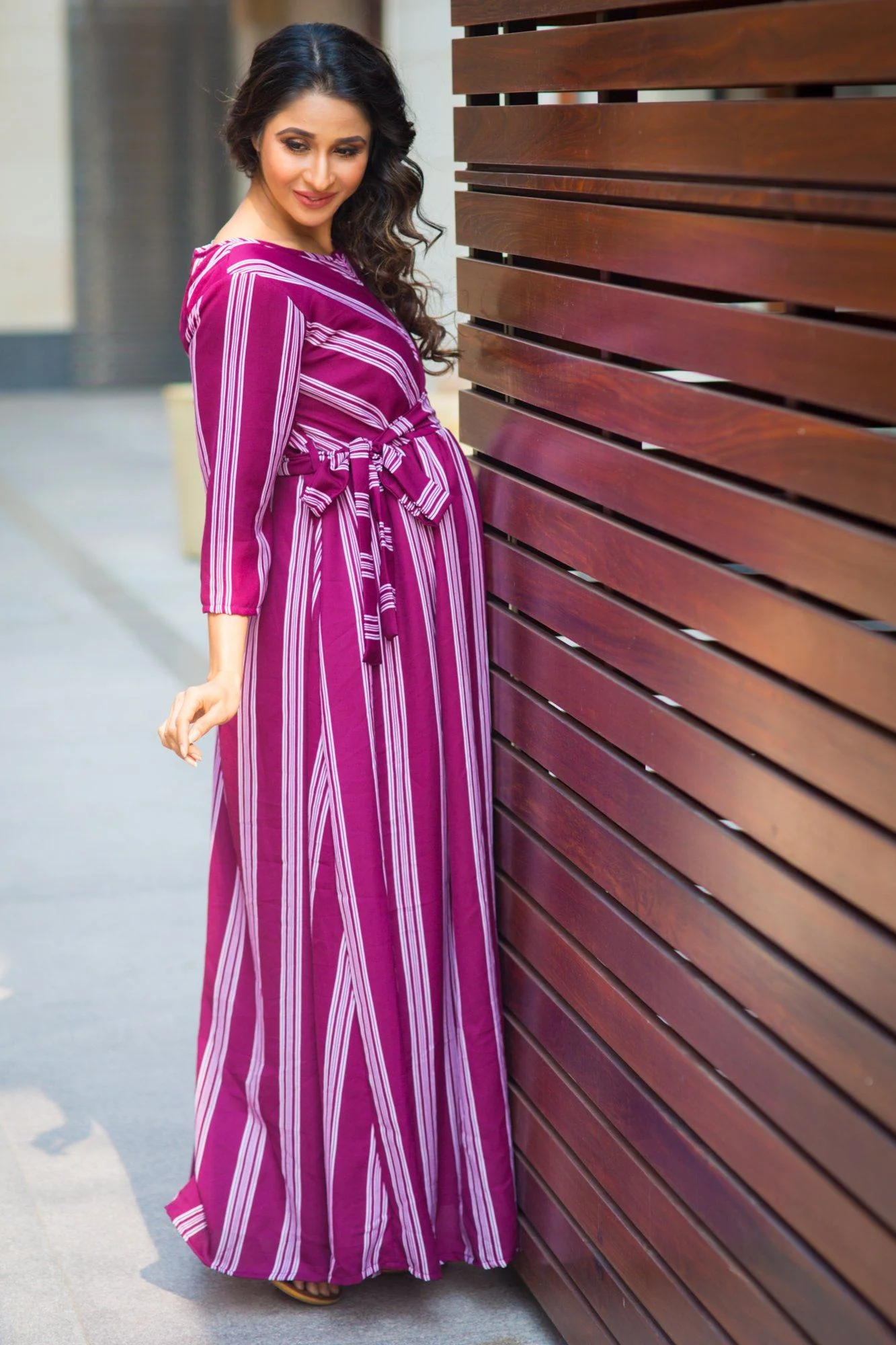 Plum Striped Front Zip Maternity & Nursing Crepe Dress - Chenance