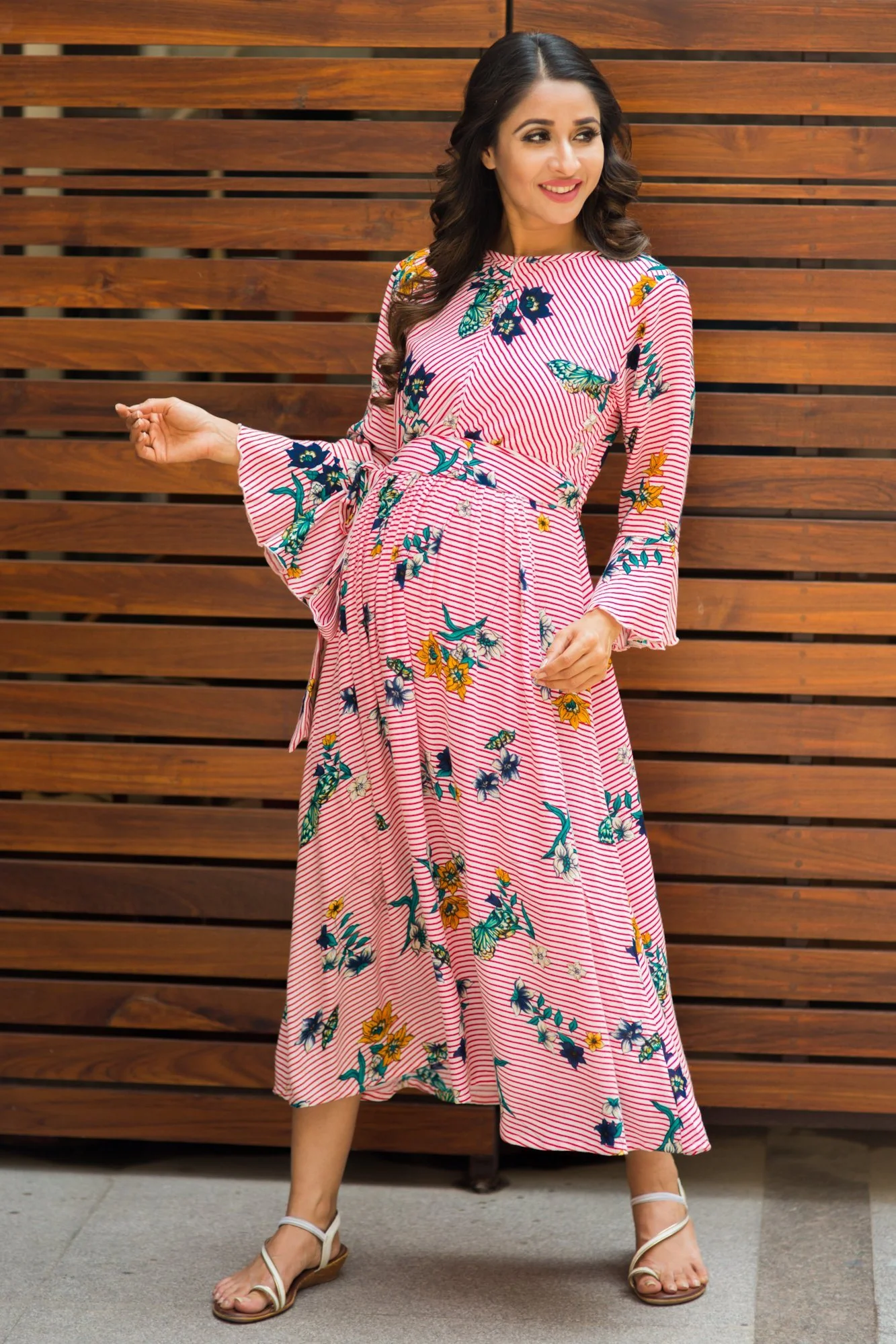 Floral Red Striped Front Zip Boho Maternity & Nursing Dress - Chenance