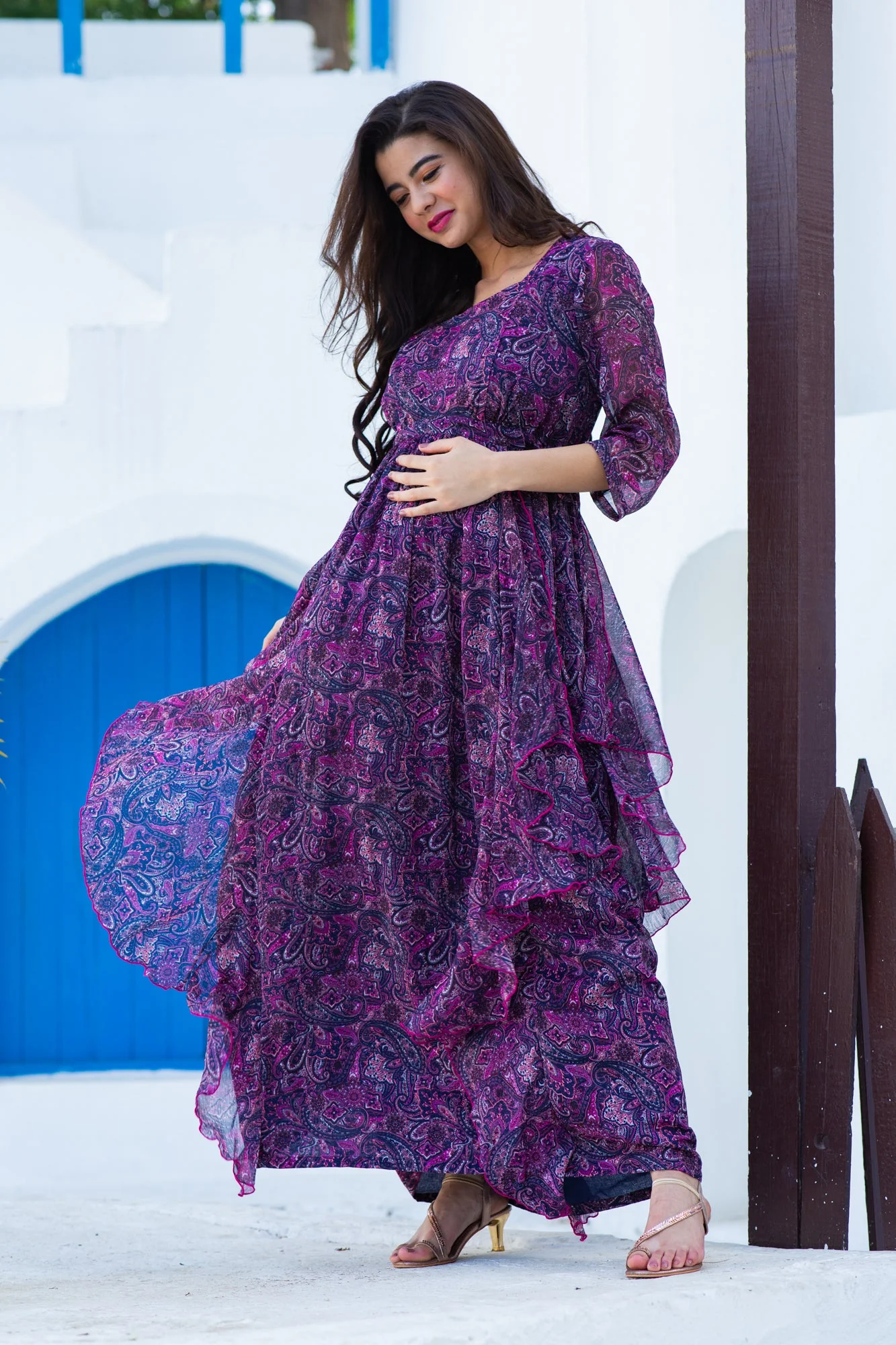 Classic Plum Paisley Maternity & Nursing Flow Dress - Chenance