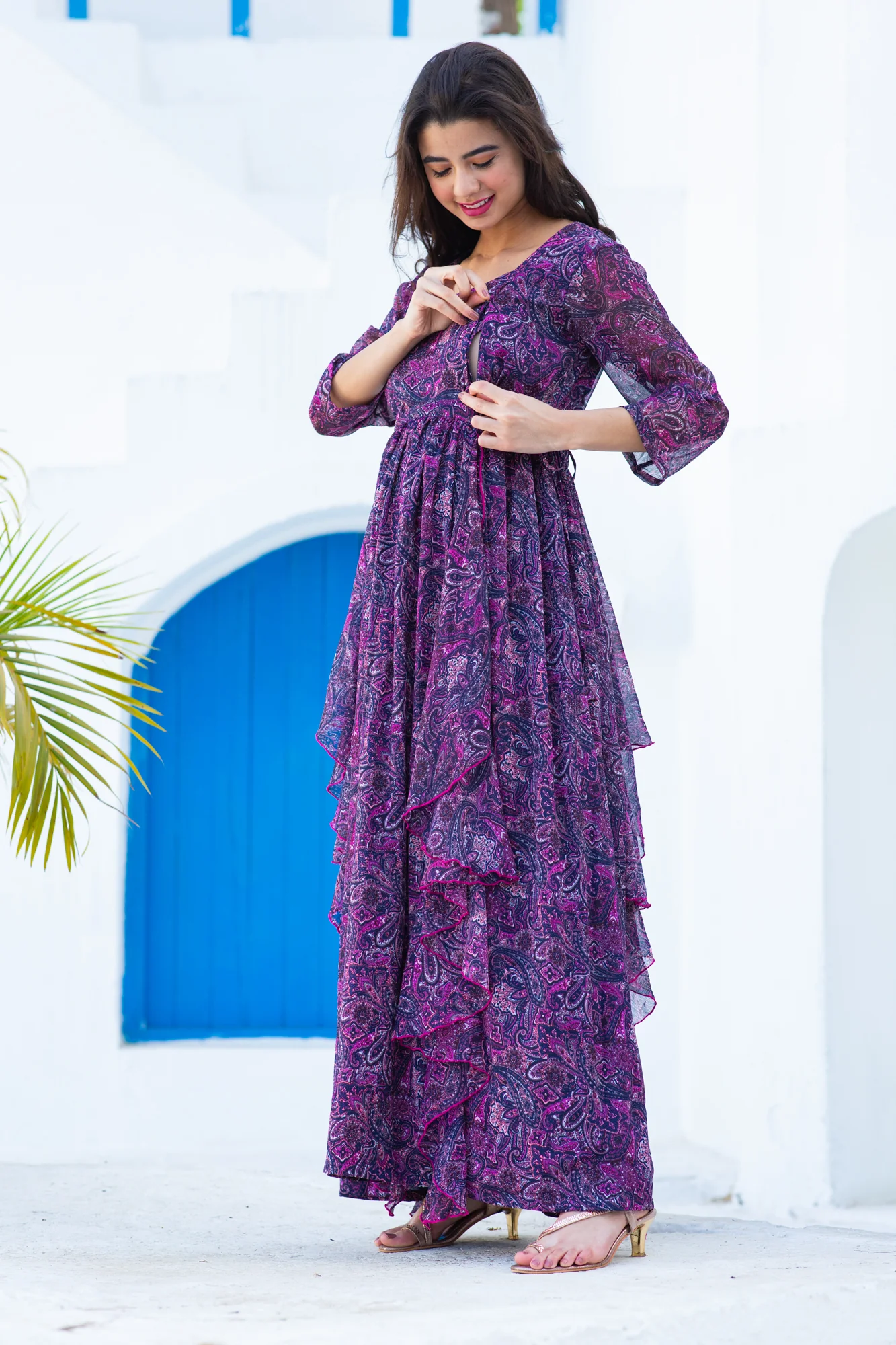 Classic Plum Paisley Maternity & Nursing Flow Dress - Chenance