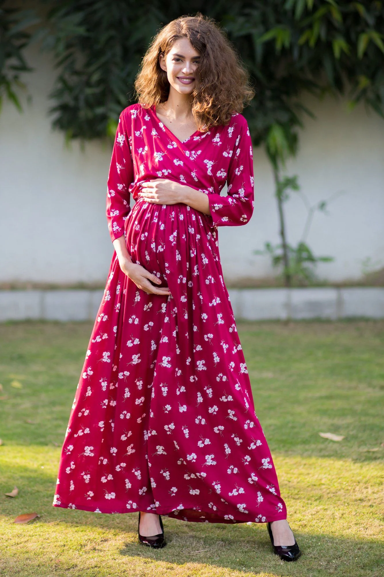 Cherry Red Floral Maternity & Nursing Wrap Dress - Chenance