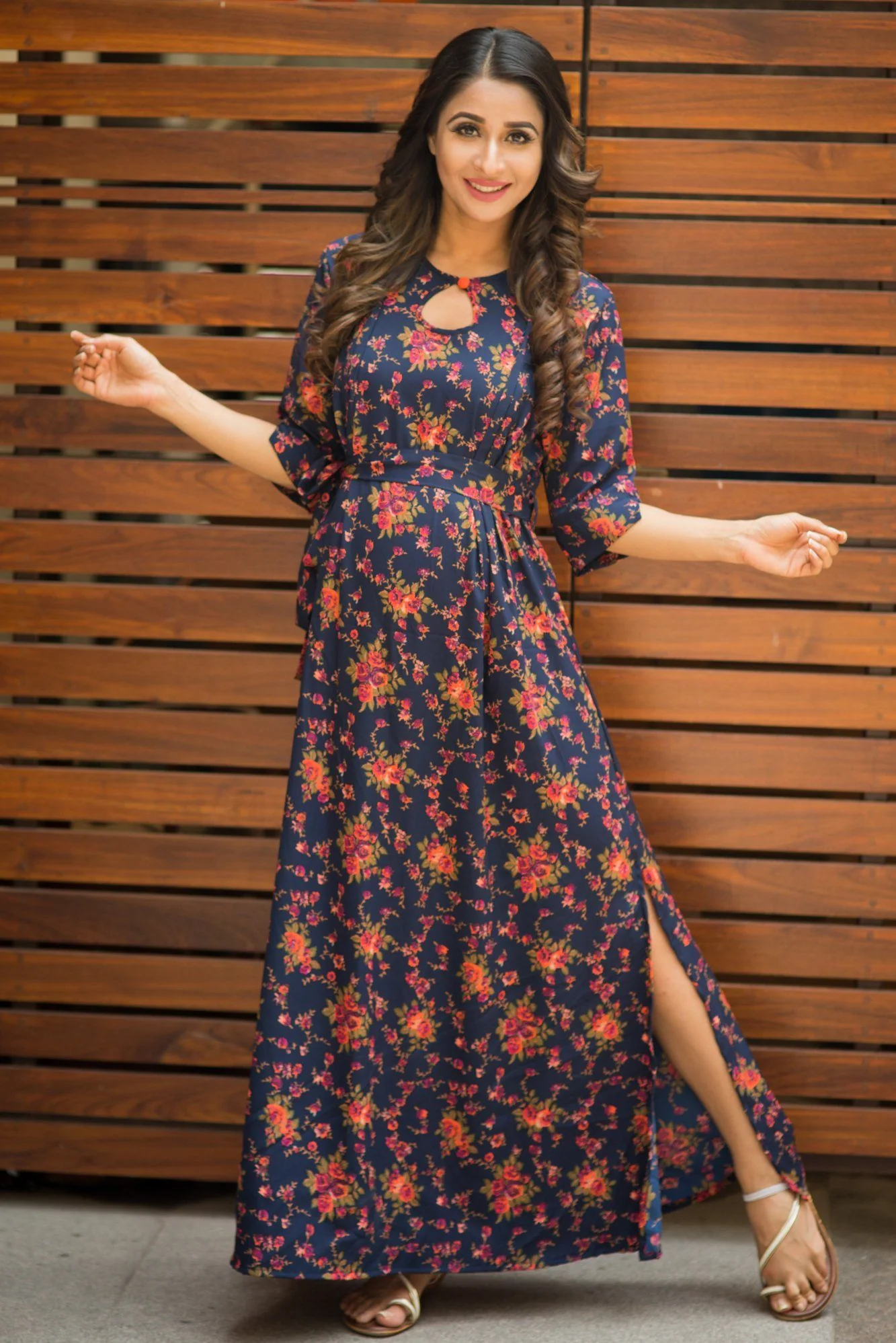 Blue Tangerine Floral Side Slits Concealed Zips Feeding Dress - Chenance