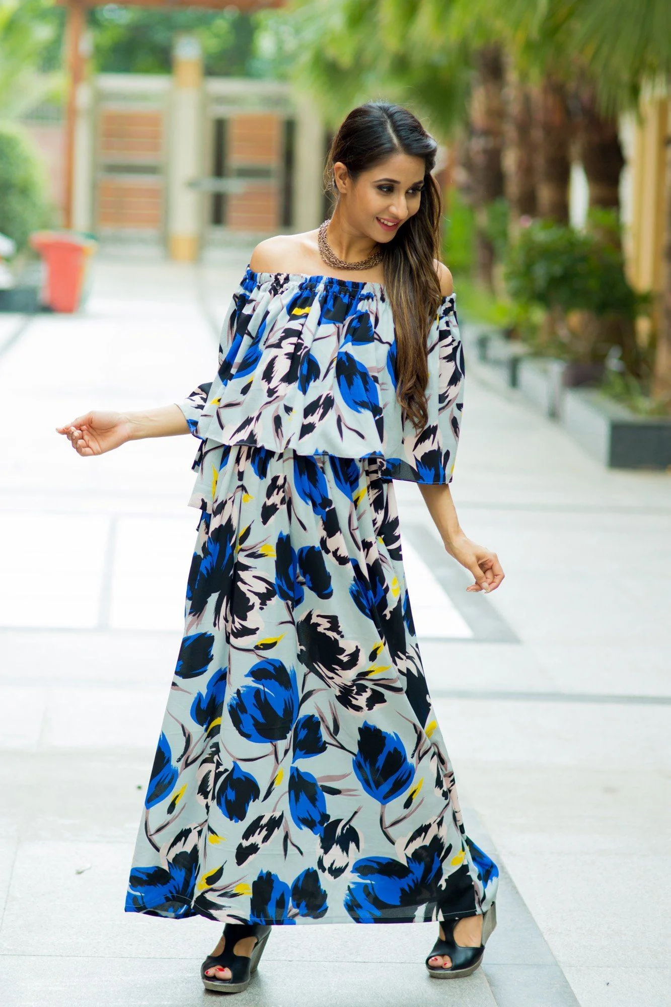 Blue Peach Floral Off-Shoulder Maternity Maxi Dress - Chenance